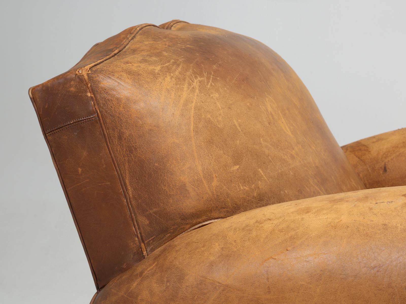 Hand-Crafted Original Pair of French Leather Club Chairs, Completely Restored Inside Only