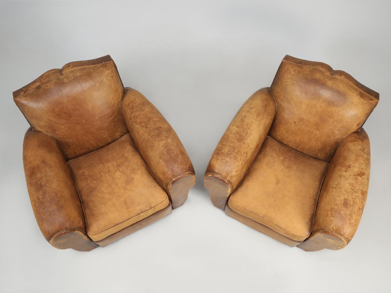 Original Pair of French Leather Club Chairs, Completely Restored Inside Only In Good Condition In Chicago, IL