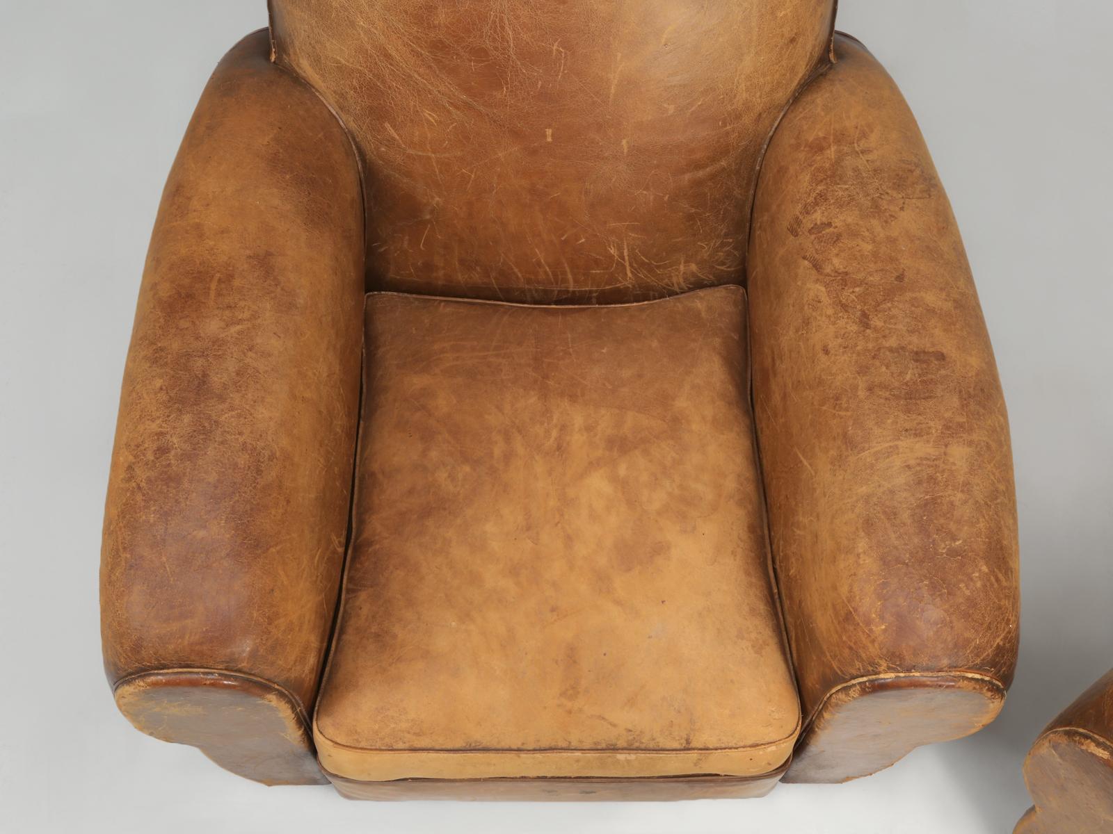 Mid-20th Century Original Pair of French Leather Club Chairs, Completely Restored Inside Only