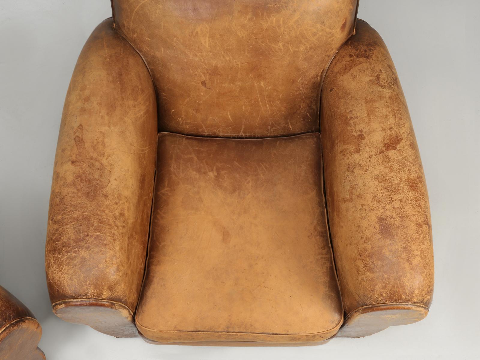 Original Pair of French Leather Club Chairs, Completely Restored Inside Only 2