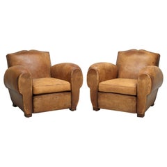 Original Pair of French Leather Club Chairs, Completely Restored Inside Only