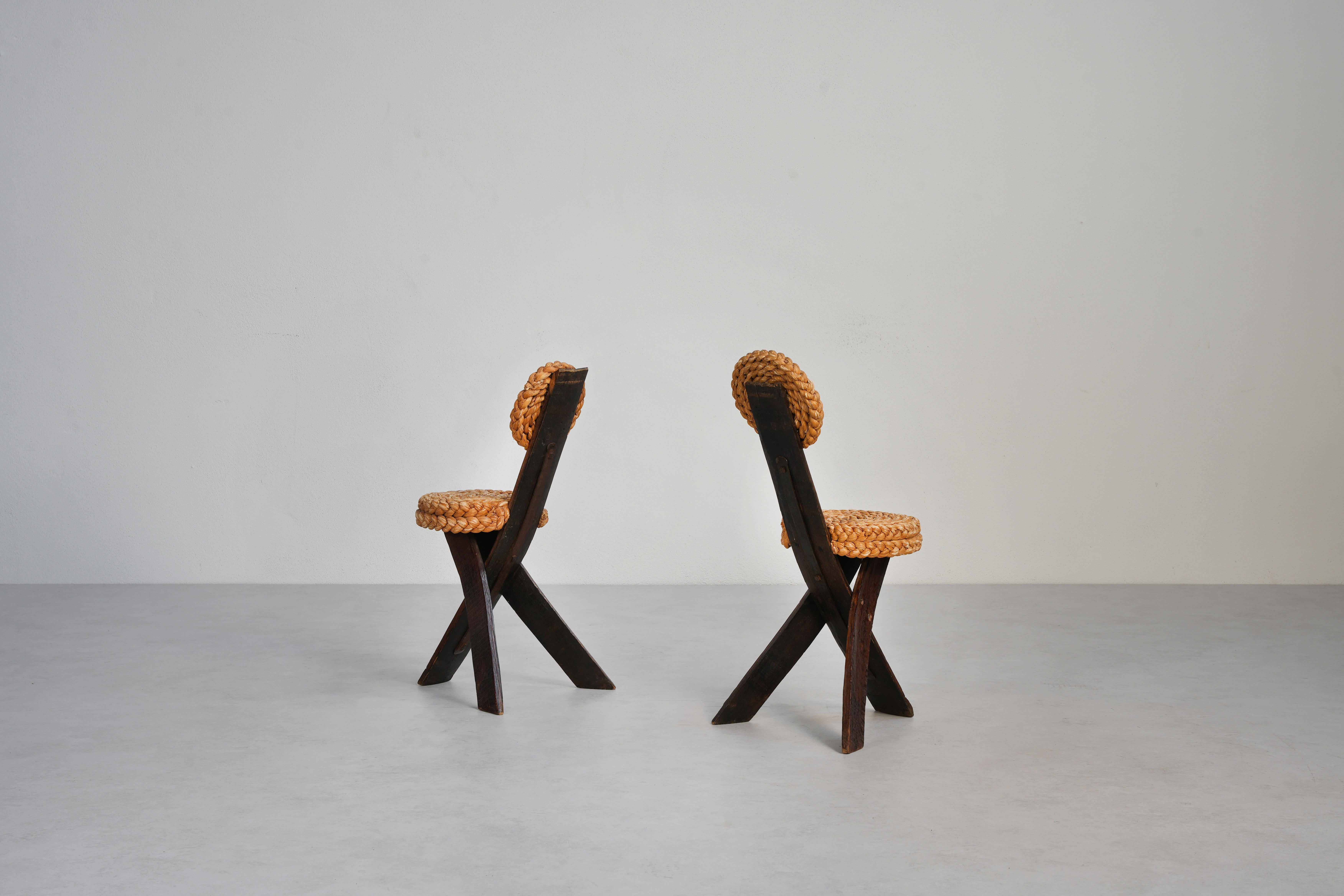 Original pair of Frida Minet and Adrien Audoux tripod chairs, 1950s France In Good Condition For Sale In Berlin, DE