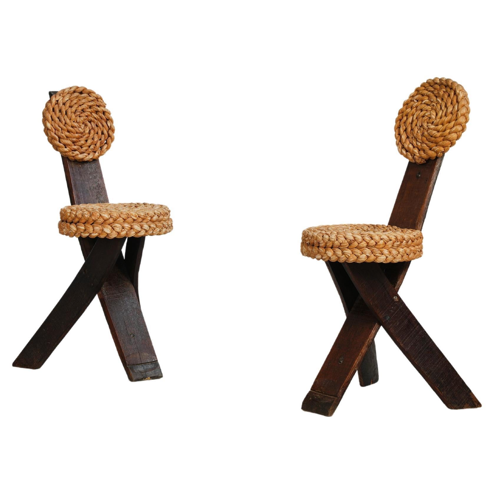 Originales Paar Dreibein-Stühle von Frida Minet und Adrien Audoux, 1950er Jahre, Frankreich im Angebot