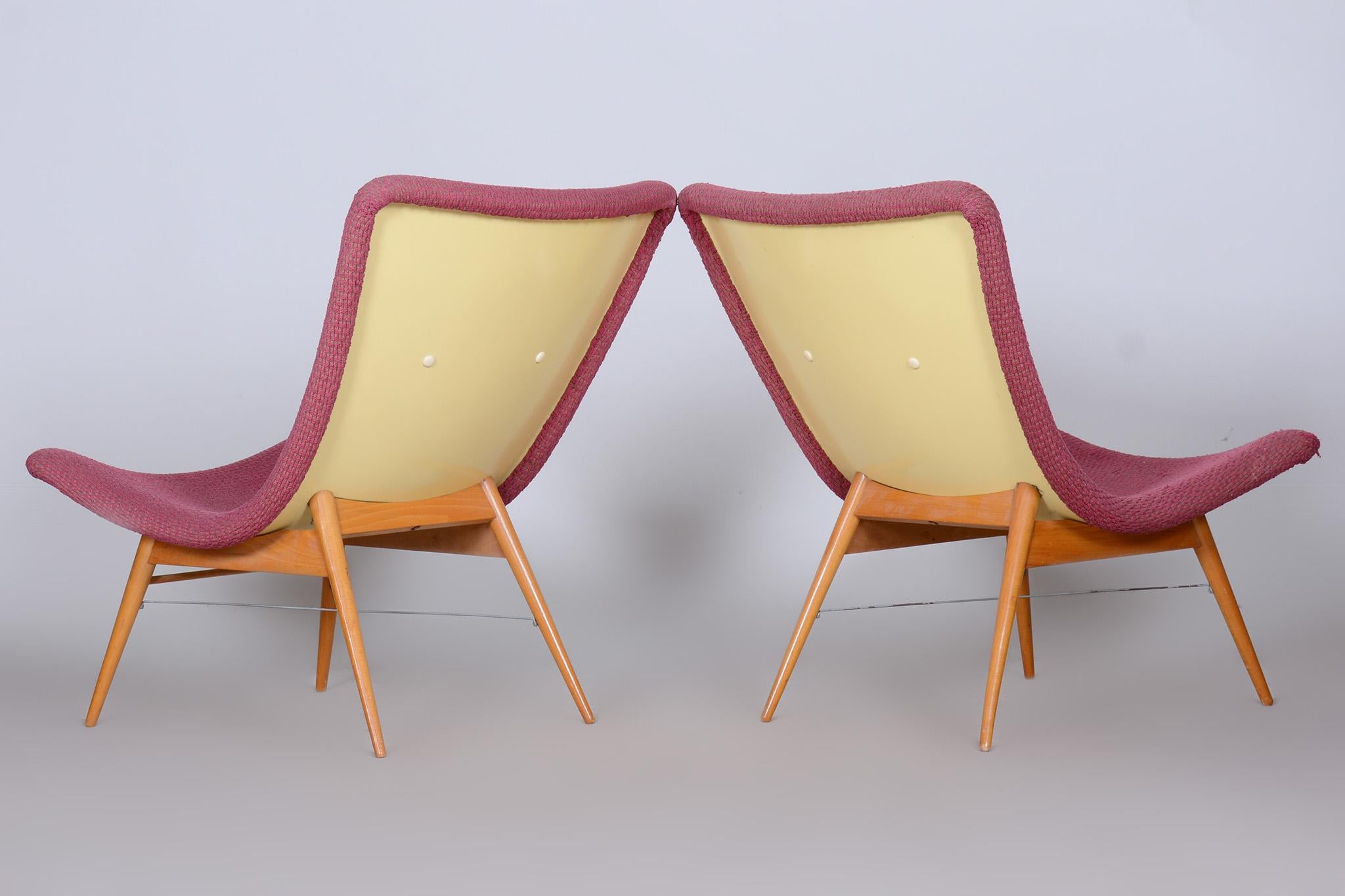 Fabric Original Pair of Mid-Century Armchairs by Miroslav Navratil, Czechia, 1950s For Sale