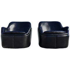 Original Pair of Nicos Zographos Swivel Lounge Chairs, Black Leather, Rare