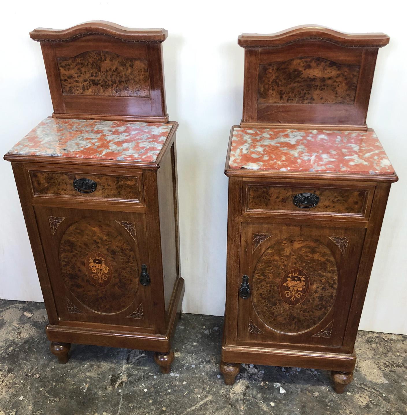 Mid-Century Modern Original Pair of Nightstands Inlaid and Carved with Granite