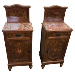 Original Pair of Nightstands Inlaid and Carved with Granite