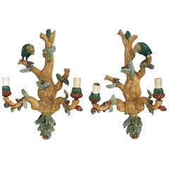 Original Pair of Painted Wooden Sconces Decorated with a Tree Decorated