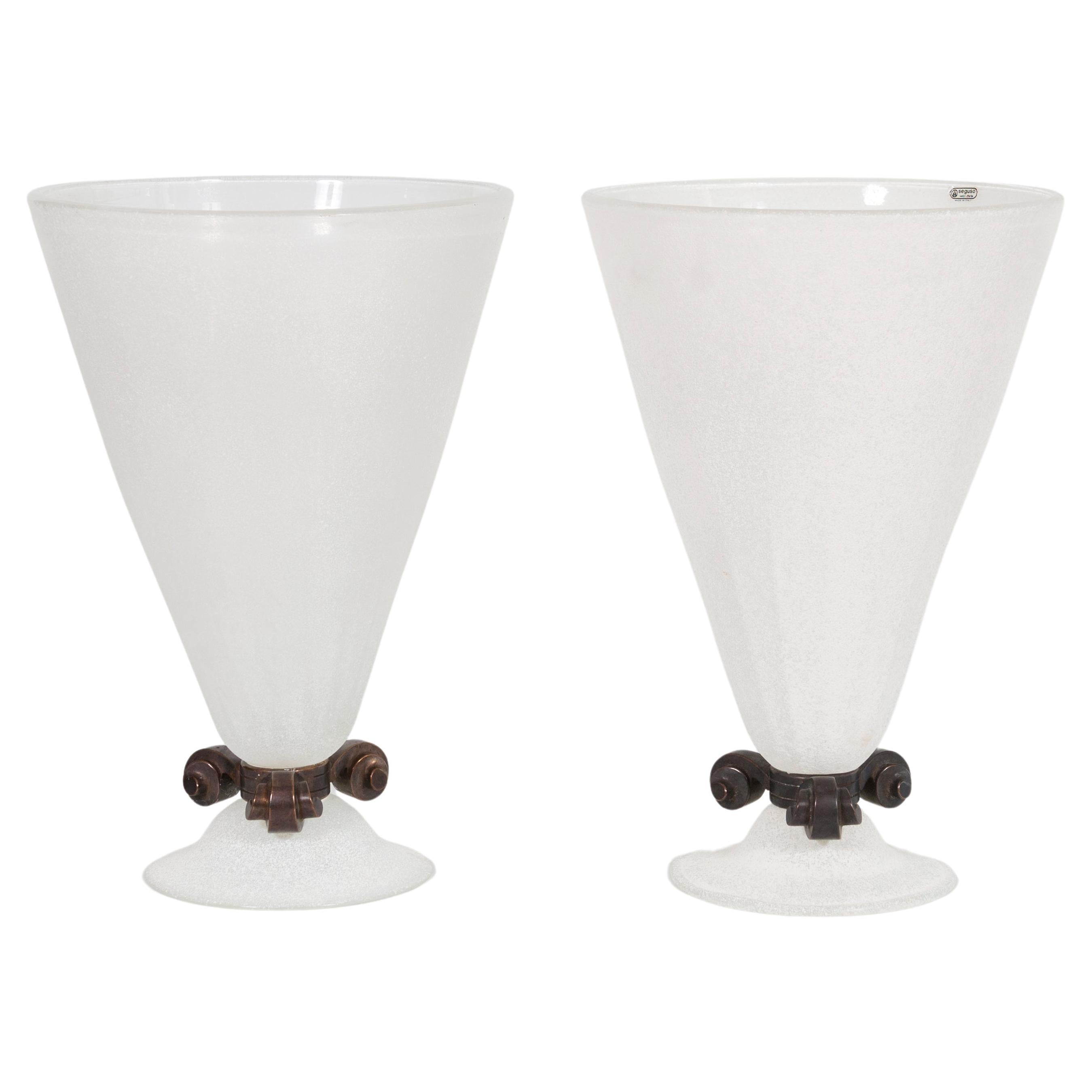 Original Pair of Seguso Scavo Vases in Murano Glass and Bronze Venice 1980s