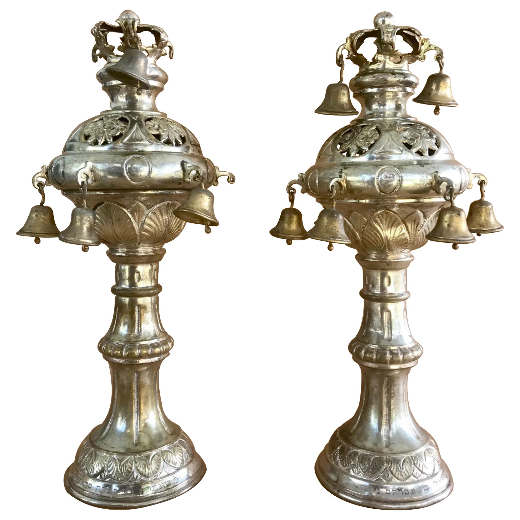 Original Pair of Silver Plated Brass Torah Finials, Rimonim