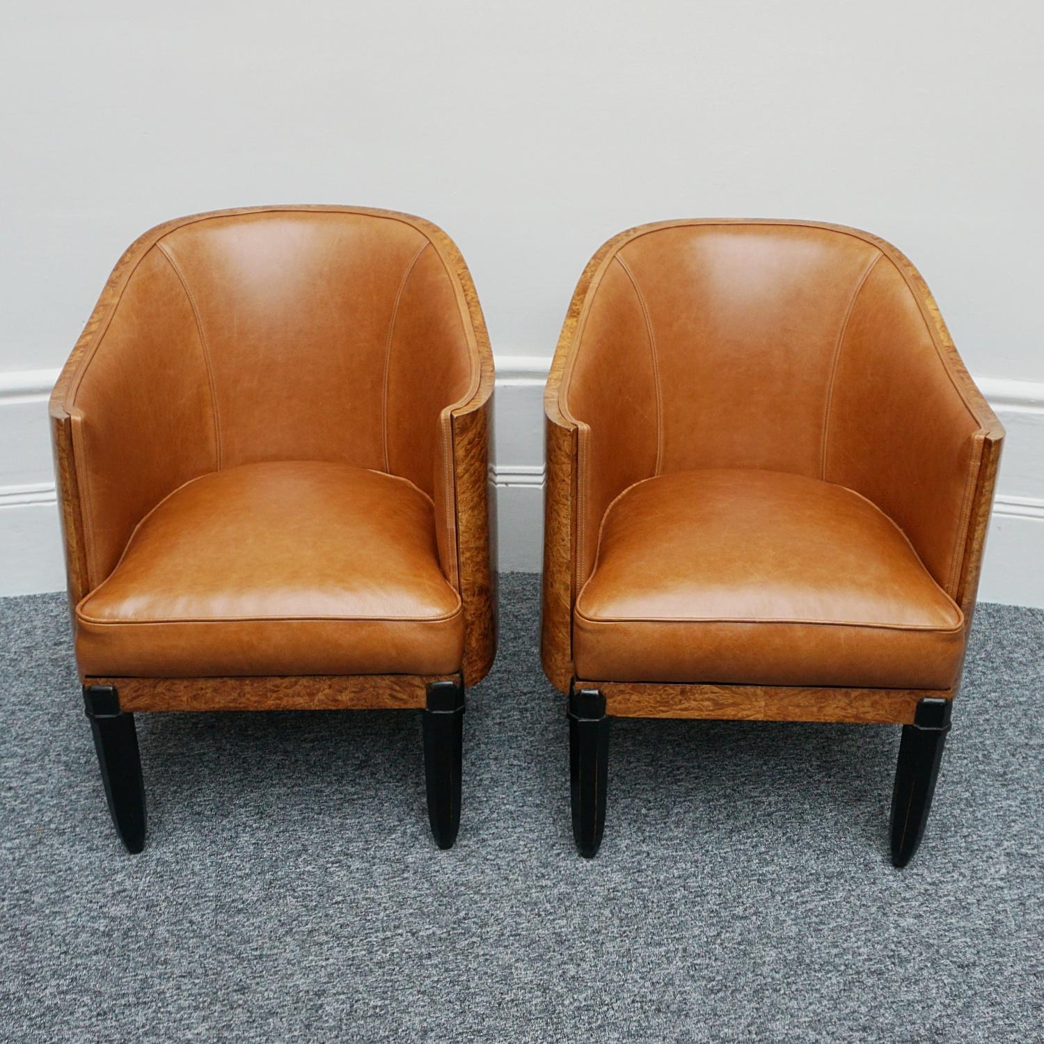 Original Pair of Walnut and Leather Art Deco Club Chairs  7
