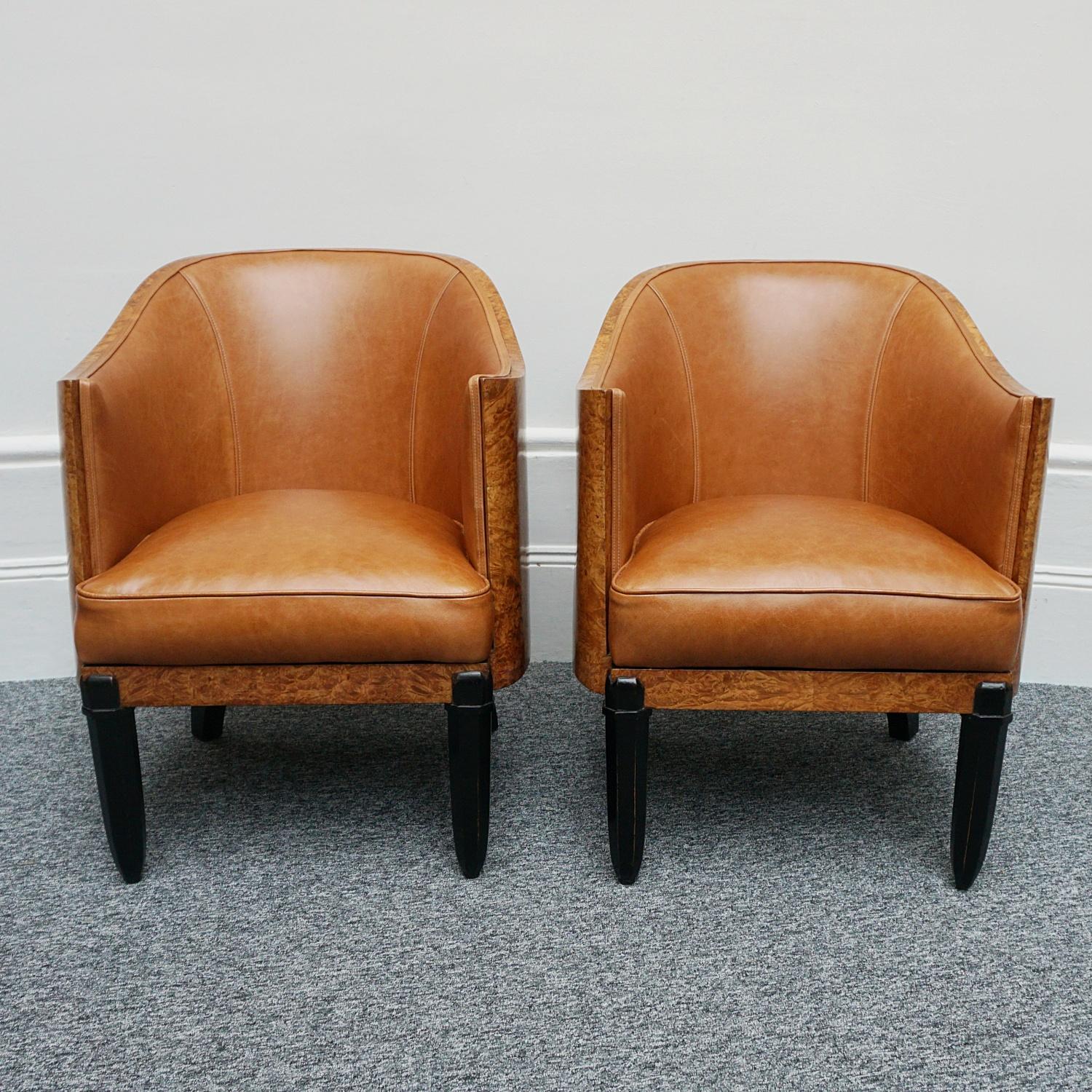 Original Pair of Walnut and Leather Art Deco Club Chairs  8
