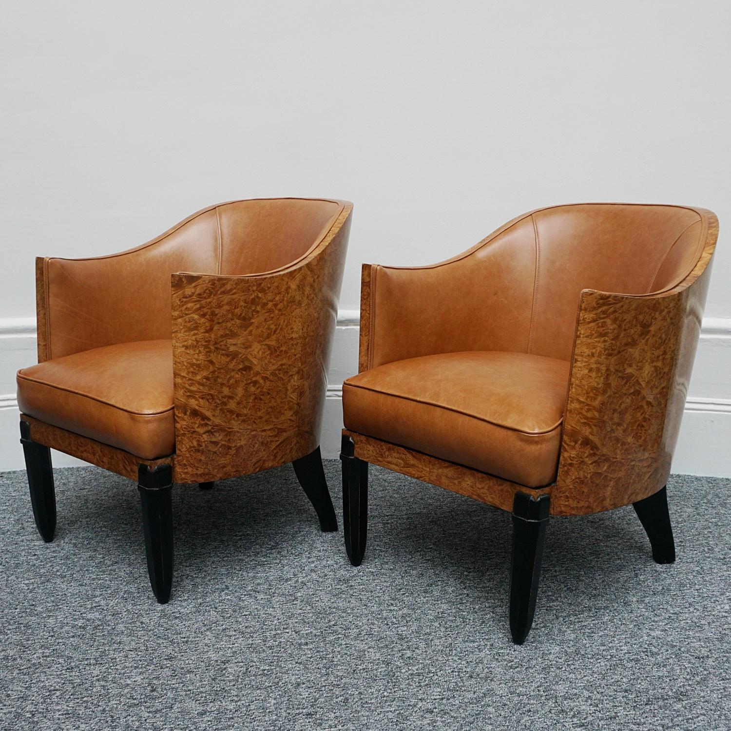 Original Pair of Walnut and Leather Art Deco Club Chairs  10