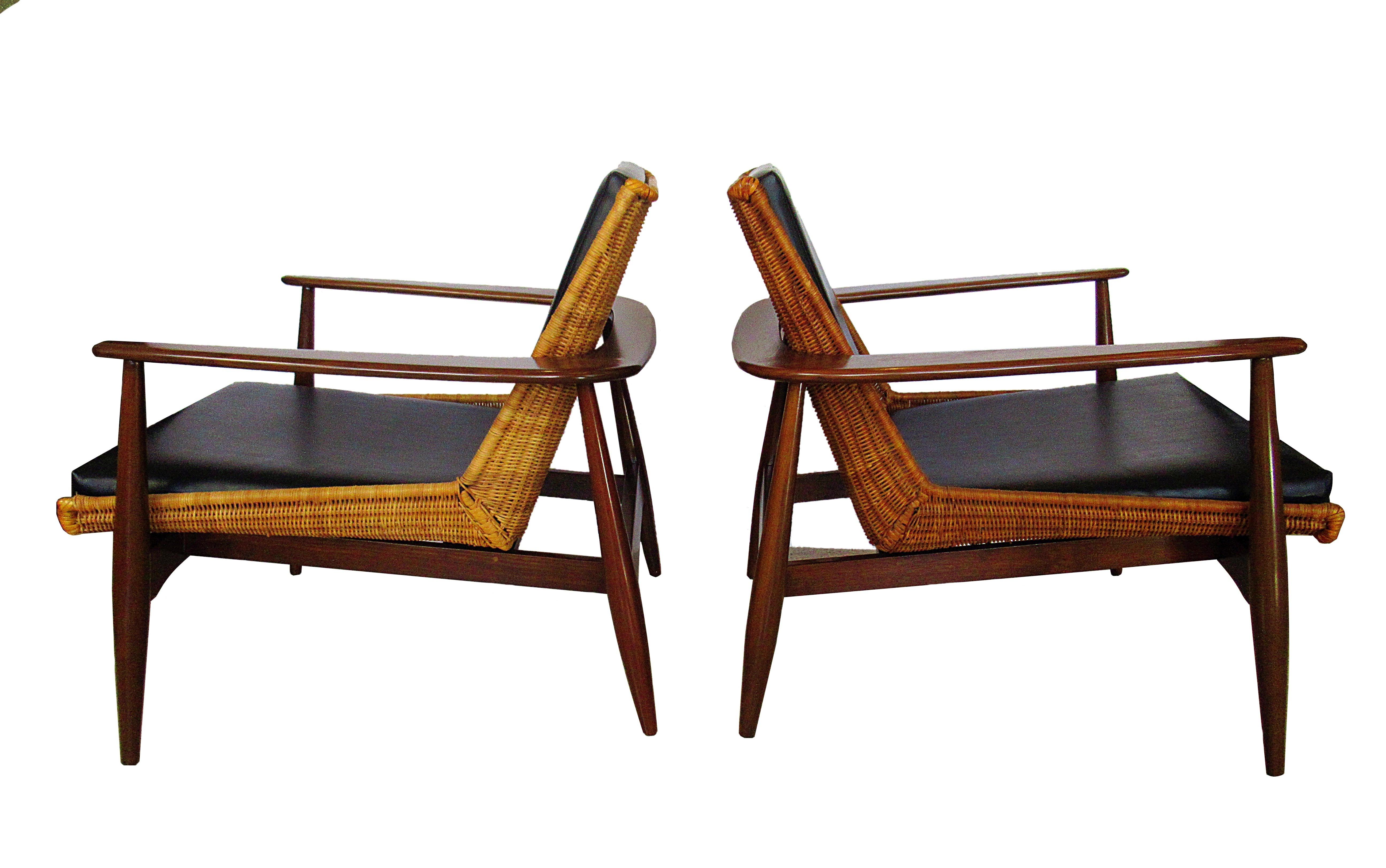 Mid-Century Modern Original Pair of Rare Rattan and Teak Armchairs, Lawrence Peabody, Model 1806