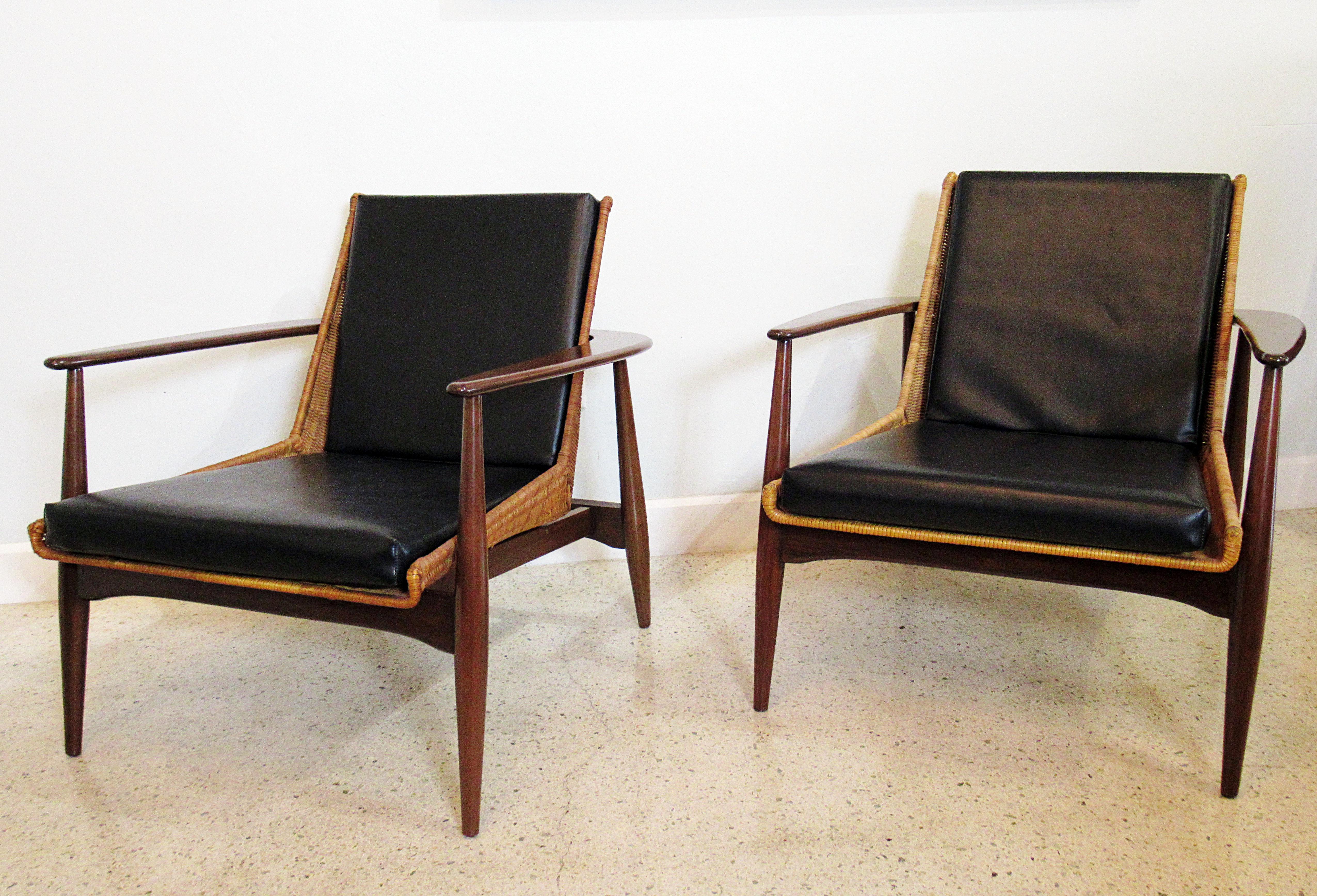 Original Pair of Rare Rattan and Teak Armchairs, Lawrence Peabody, Model 1806 In Good Condition In Hollywood, FL