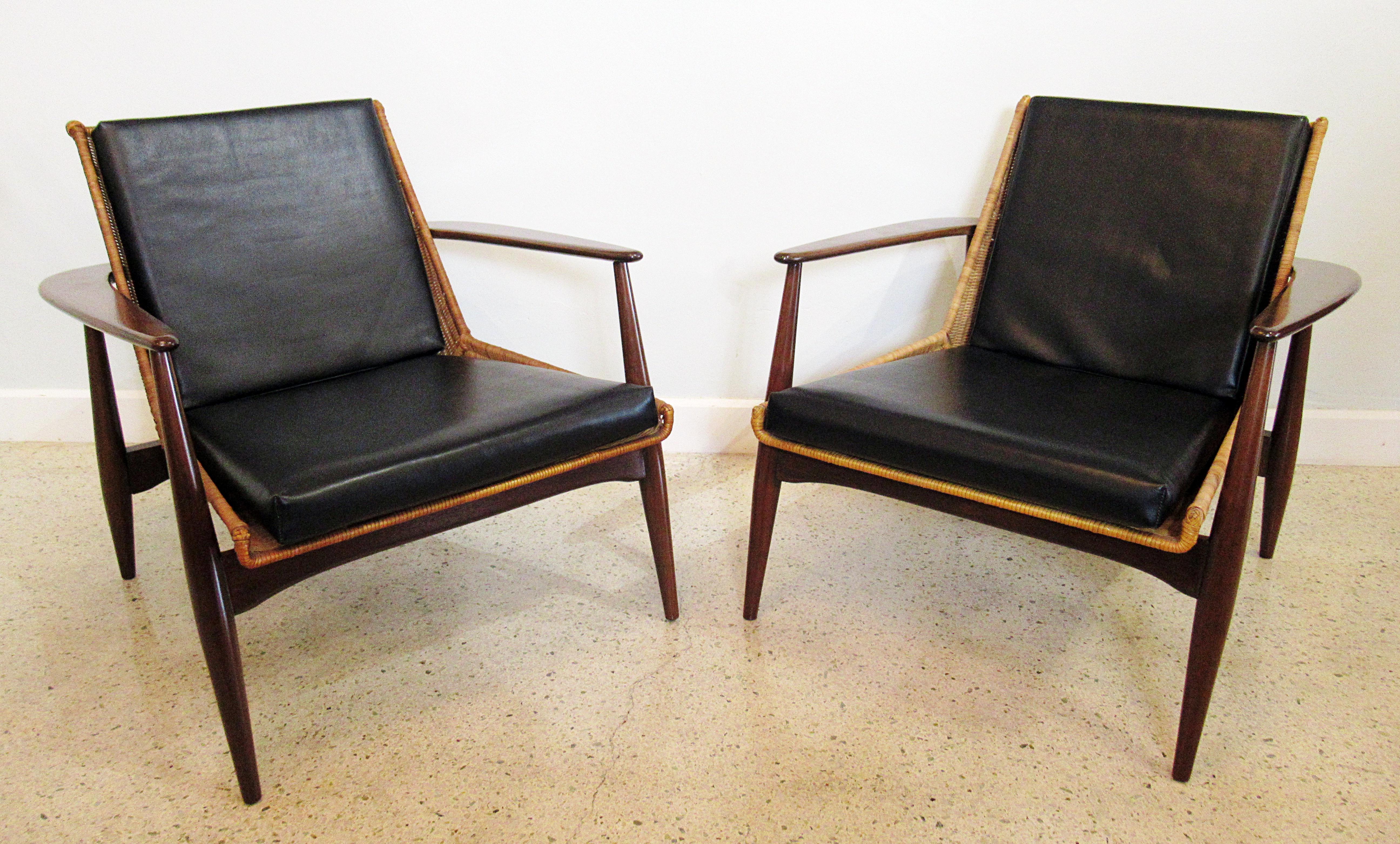 Cane Original Pair of Rare Rattan and Teak Armchairs, Lawrence Peabody, Model 1806