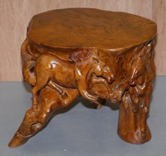 Original Pair, Root Wood Carved Equestrian Galloping Horse Side End Lamp Tables