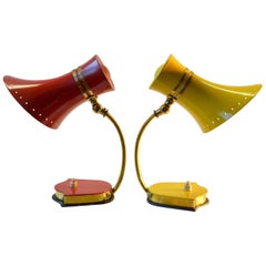 Original Pair Stilnovo Table Lamps 1960s Italian Red & Yellow & Brass 