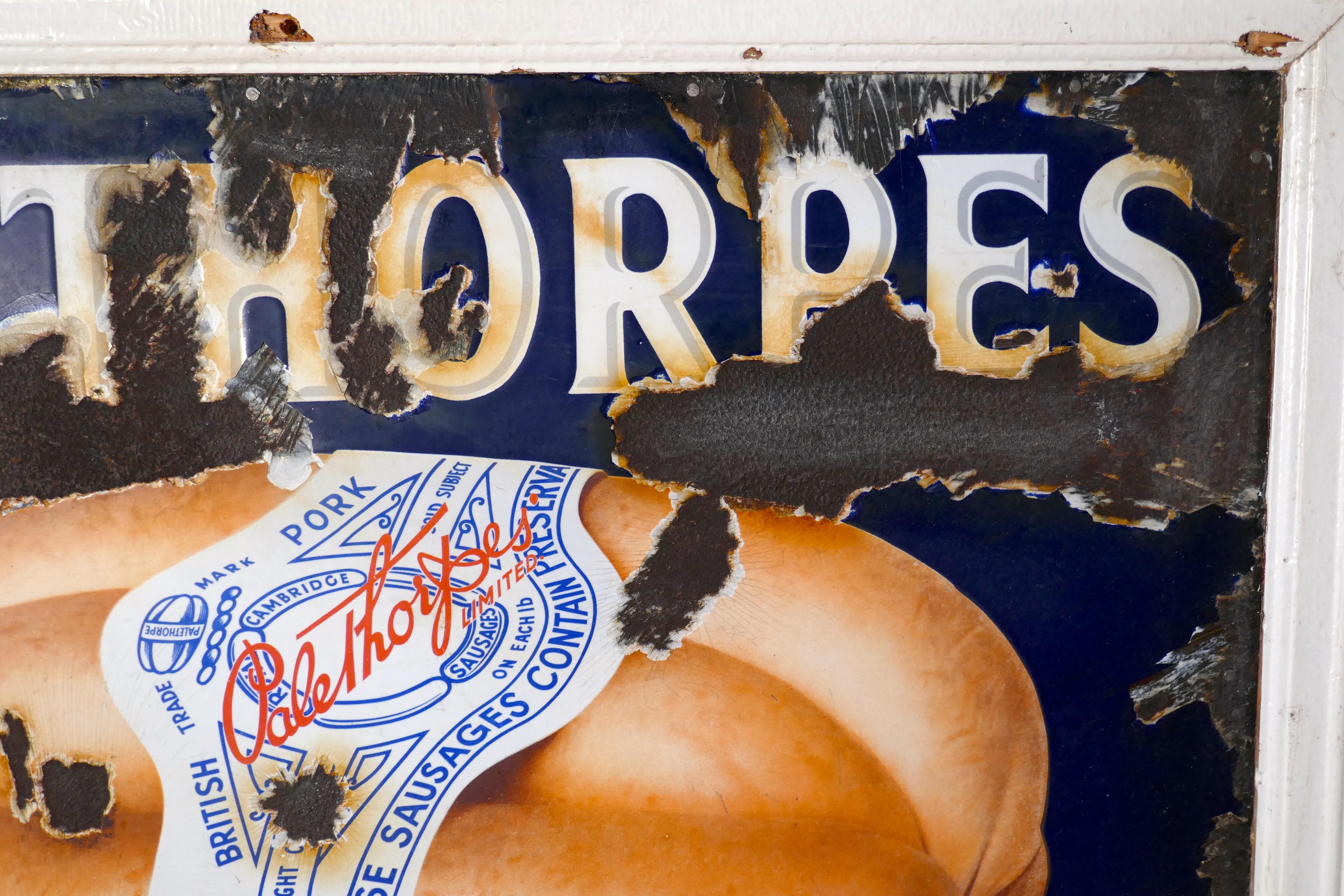 Original Palethorps Enamel sausage sign

Very Rare old sign with a mouth watering picture of Palethorps Royal Cambridge sausages 

The sign is made in ceramic enamel, it dates from around 1940. It is in original unrestored condition and is in a