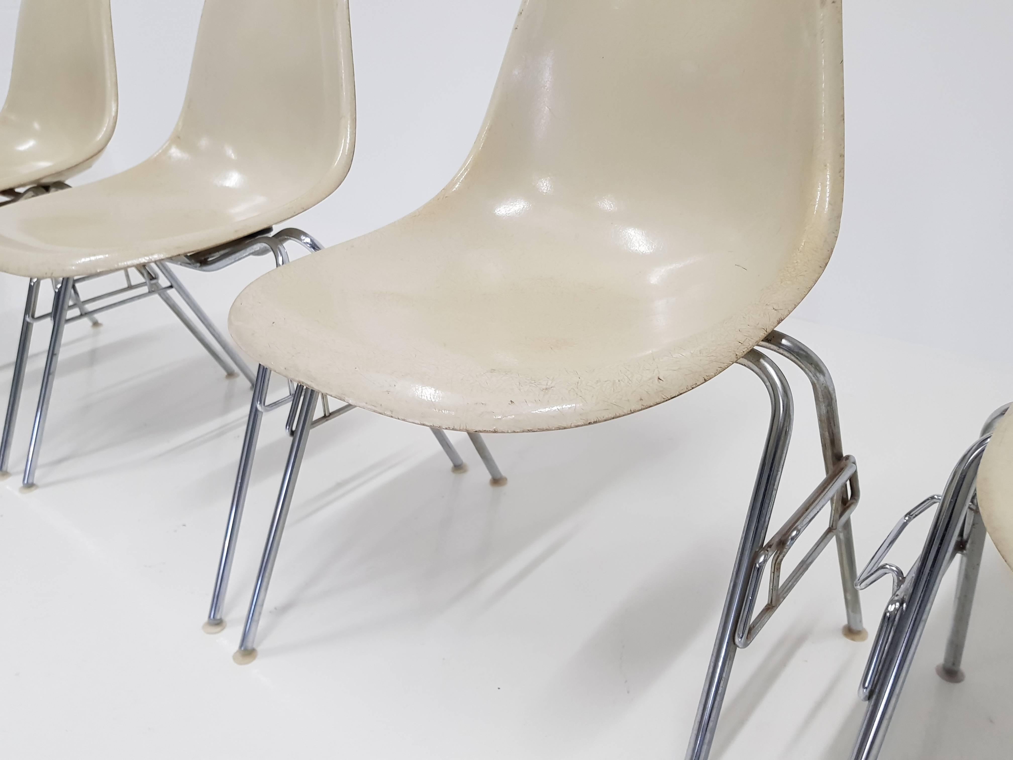 Steel Original Parchment Charles & Ray Eames Fibreglass DSS Chairs for Herman Miller