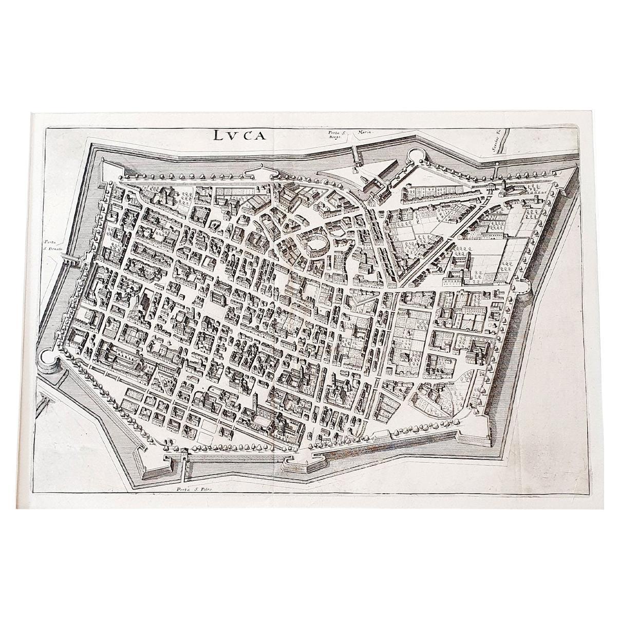 Carte italienne du parchemin de la ville de Lucques datée de 1640 en vente