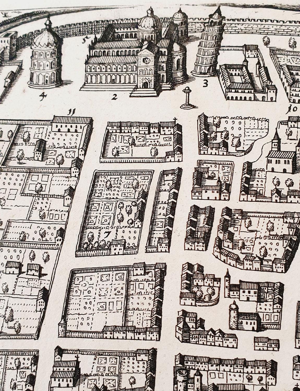 An antique map of the Tuscan city of Pisa engraved for The 'Itinerarium Italiæ Nov-antiquæ' by Matthäus Merian the Elder and printed in 1640. The original paper from 1640 is well preserved. We have expertly mounted the map here in Florence to