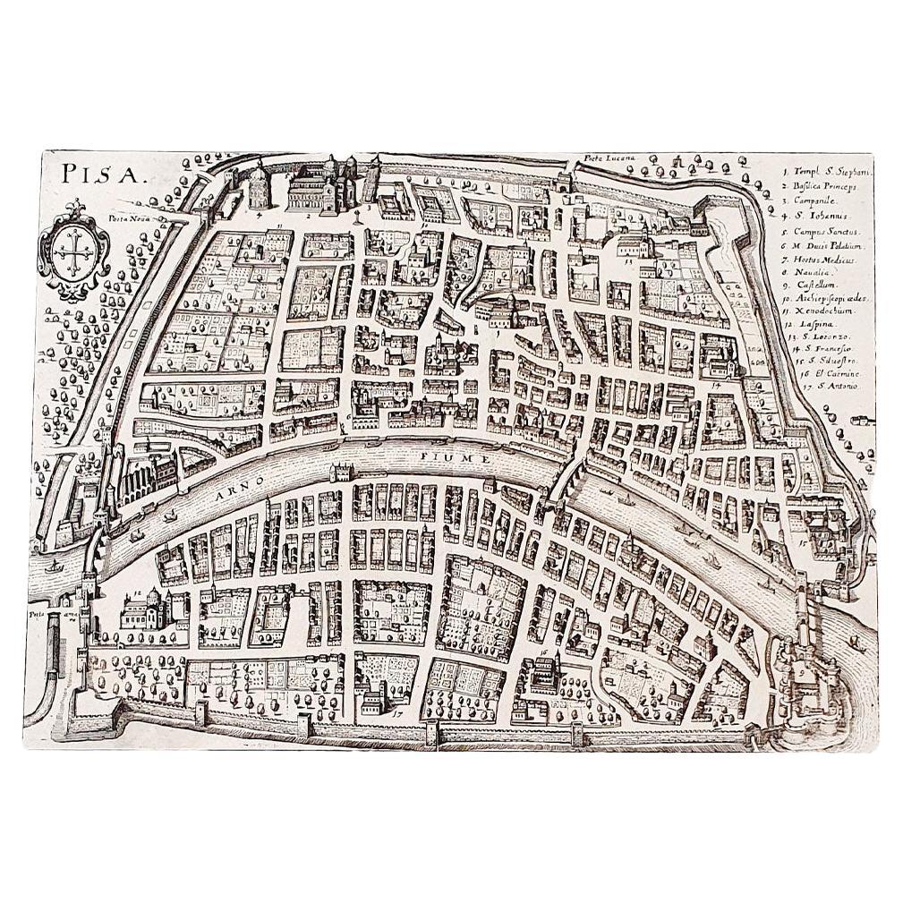 Carte italienne du parchemin de la ville de Pisa datée de 1640 en vente