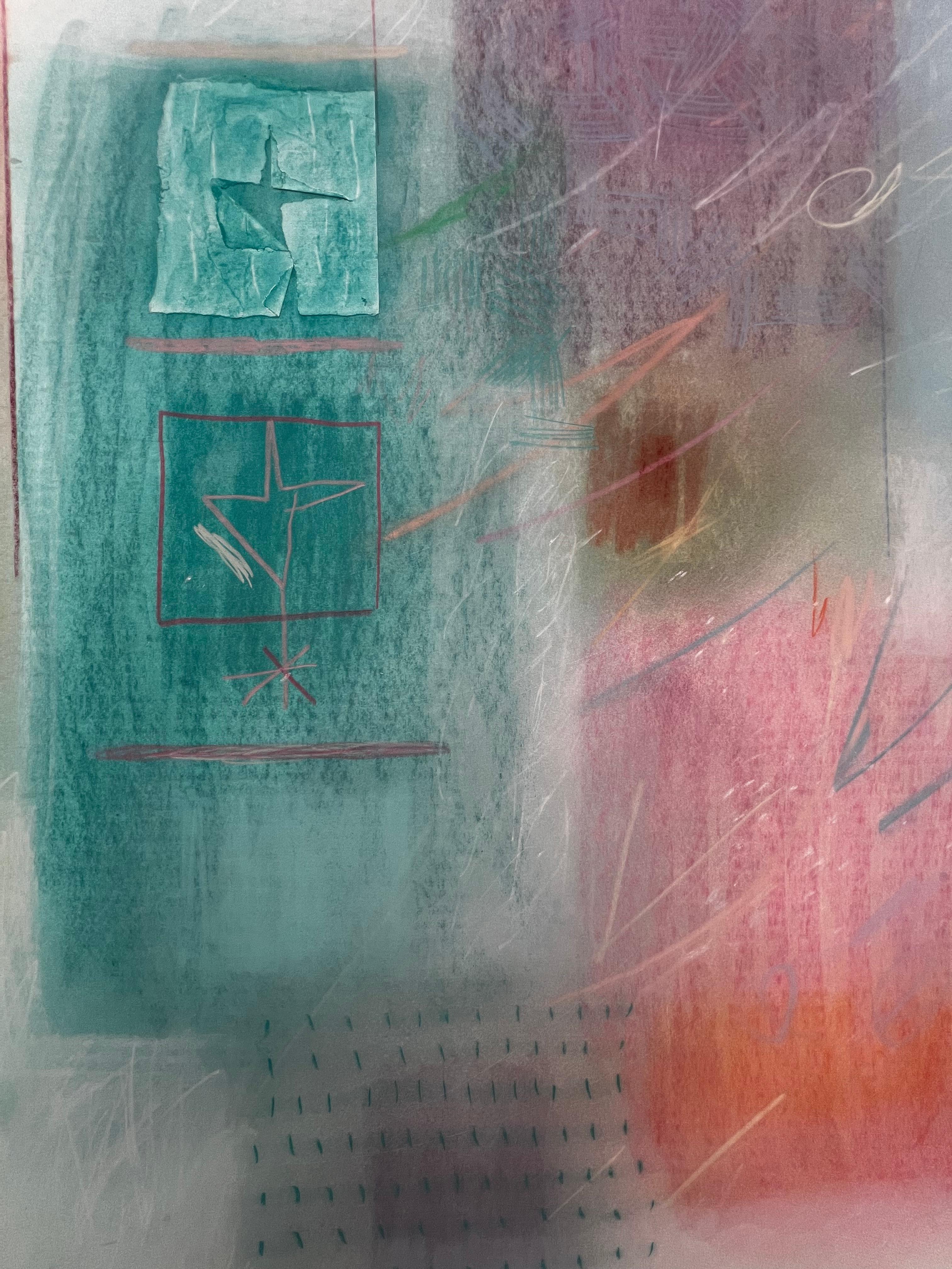 Gran cuadro abstracto original en técnica mixta de la artista estadounidense Sherry Schrut, nacida en 1927.  
Hermosos colores pastel vibrantes a carboncillo sobre papel, flotado sobre lino y protegido con marco de caja acrílica transparente.