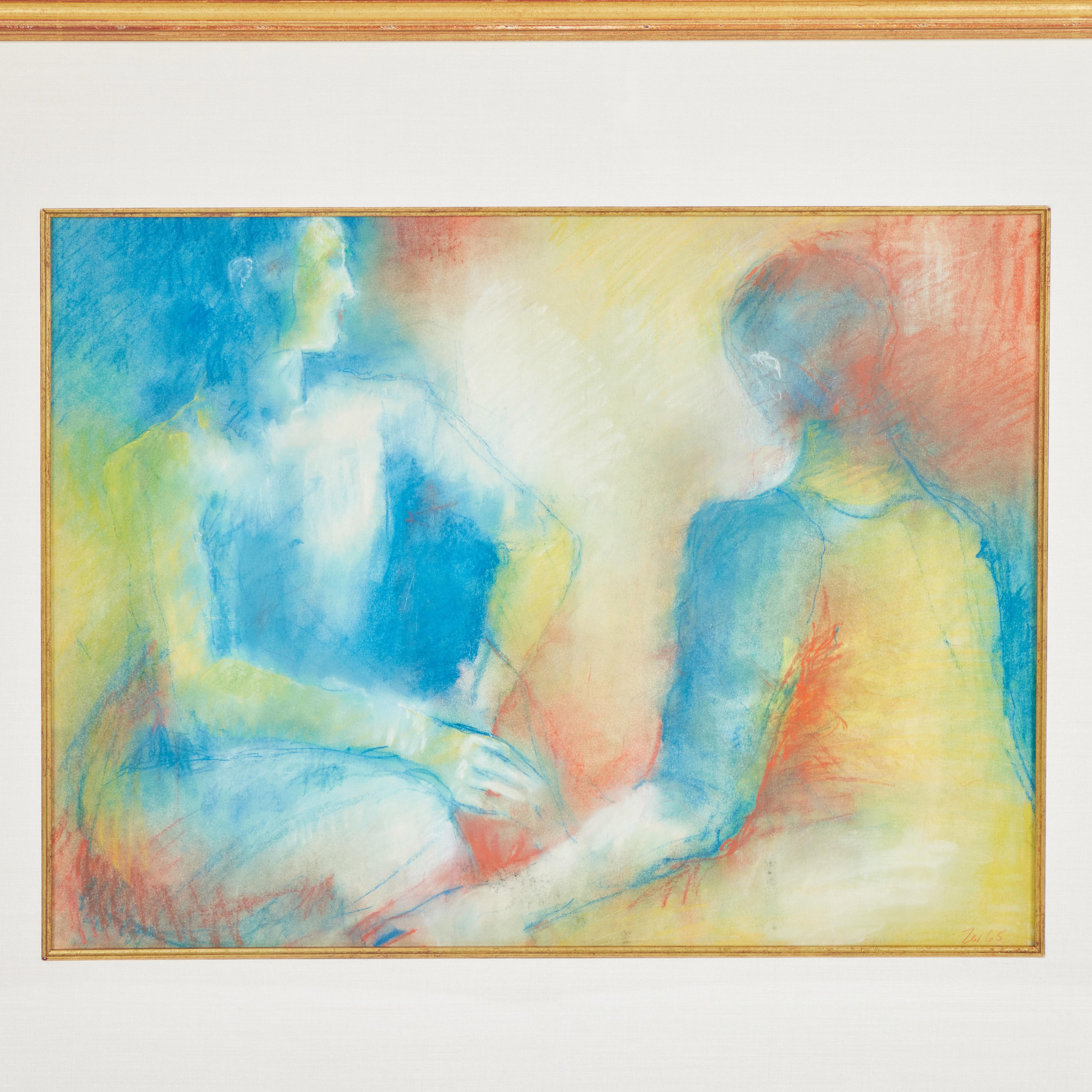 Colorful but contemplative, this serene original vintage pastel of 2 figures is lovely. It is signed by the artist and is dated 1965. A beautiful accompaniment to any room and adds a subtle touch of color.

It has been newly framed and measures 32