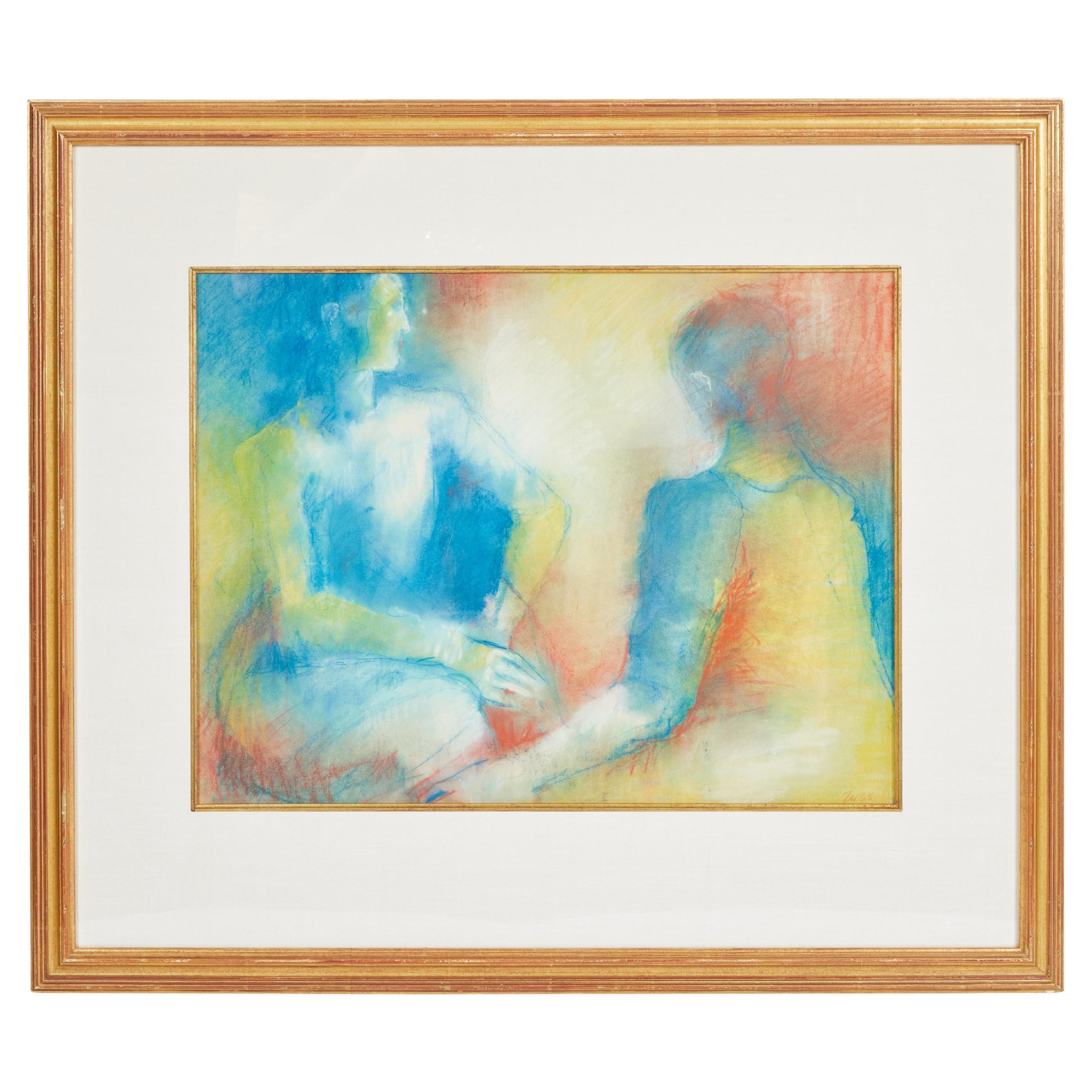 Dessin original au pastel de 2 personnages signé par l'artiste et daté de 1965