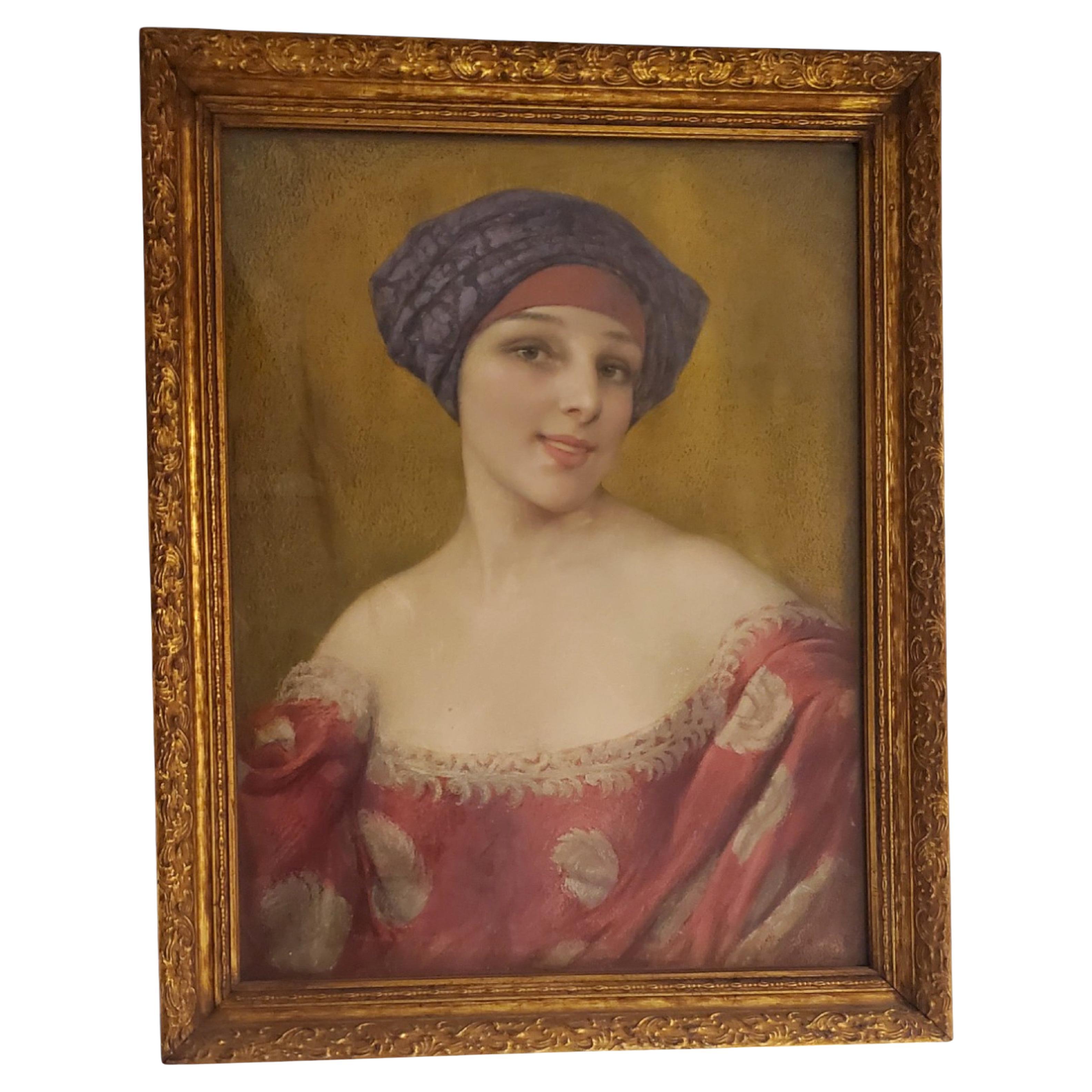 French Original Pastel portrait of a young woman by G. Brisgand in gilt frame For Sale