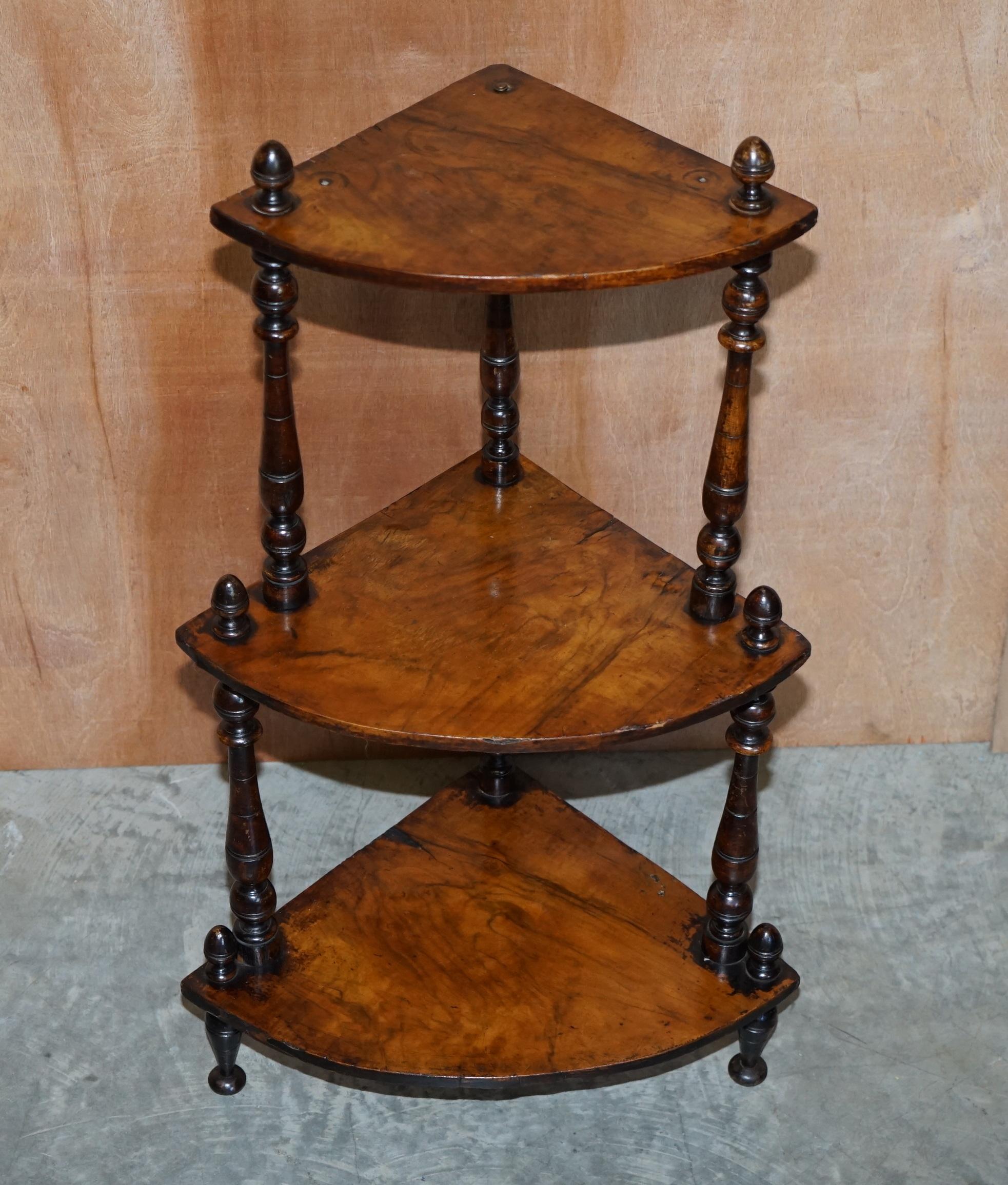 We are delighted to offer this original patina mid Victorian circa 1860 Walnut Whatnot corner display stand

This is an original patina piece, it has some losses, distressing to the veneer and original patination for 160+ years of use. We have