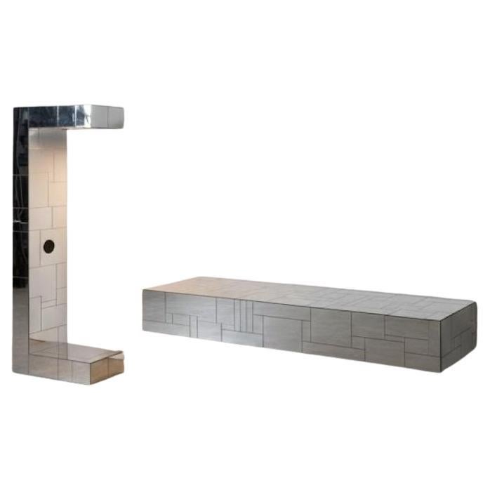 Original Paul Evan Cityscape Floor Lamp and Matching Floating Console Table For Sale