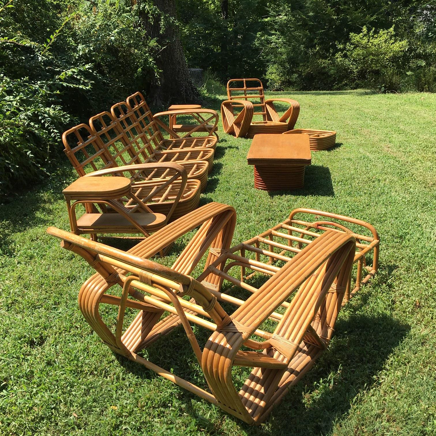 Mid-20th Century Original Paul Frankl Five-Strand 'Pretzel' Rattan Living Room Set