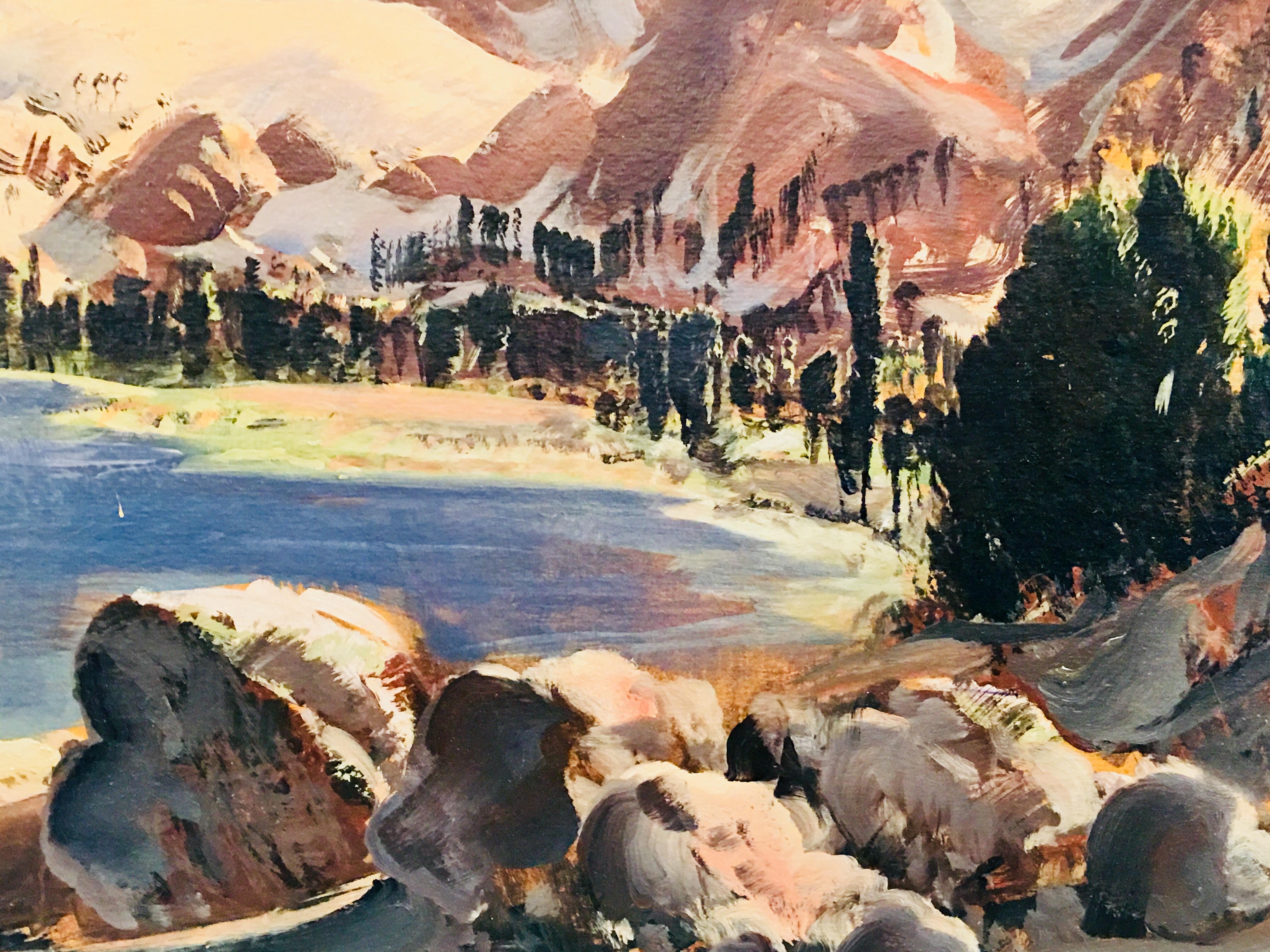 Hand-Painted Original Paul Lauritz High Sierras Nine Lake Basin Early California Oil Painting For Sale