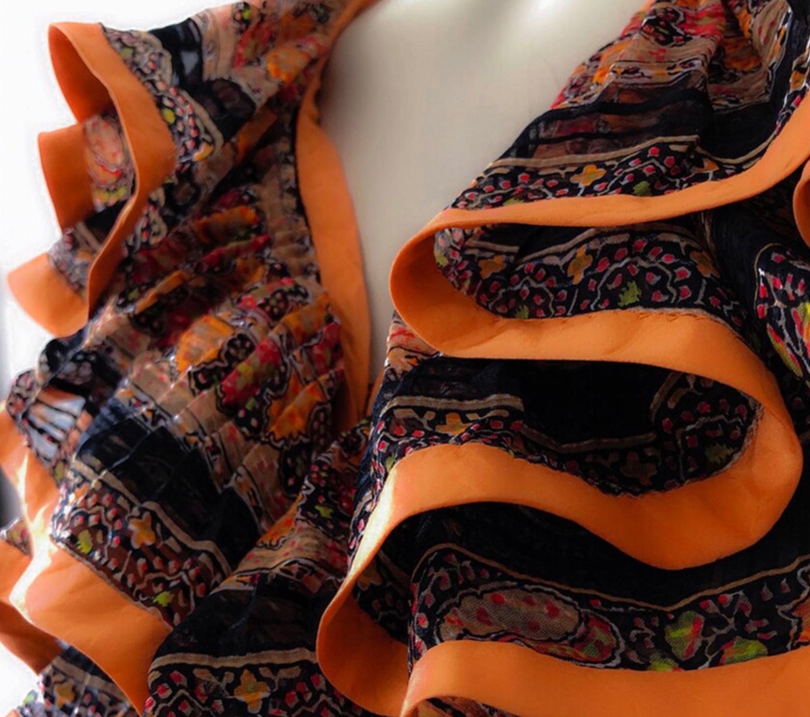 Original Paul-Louis Orrier Haute Couture Silk Dress 70s Ruffle Pleated  For Sale 1