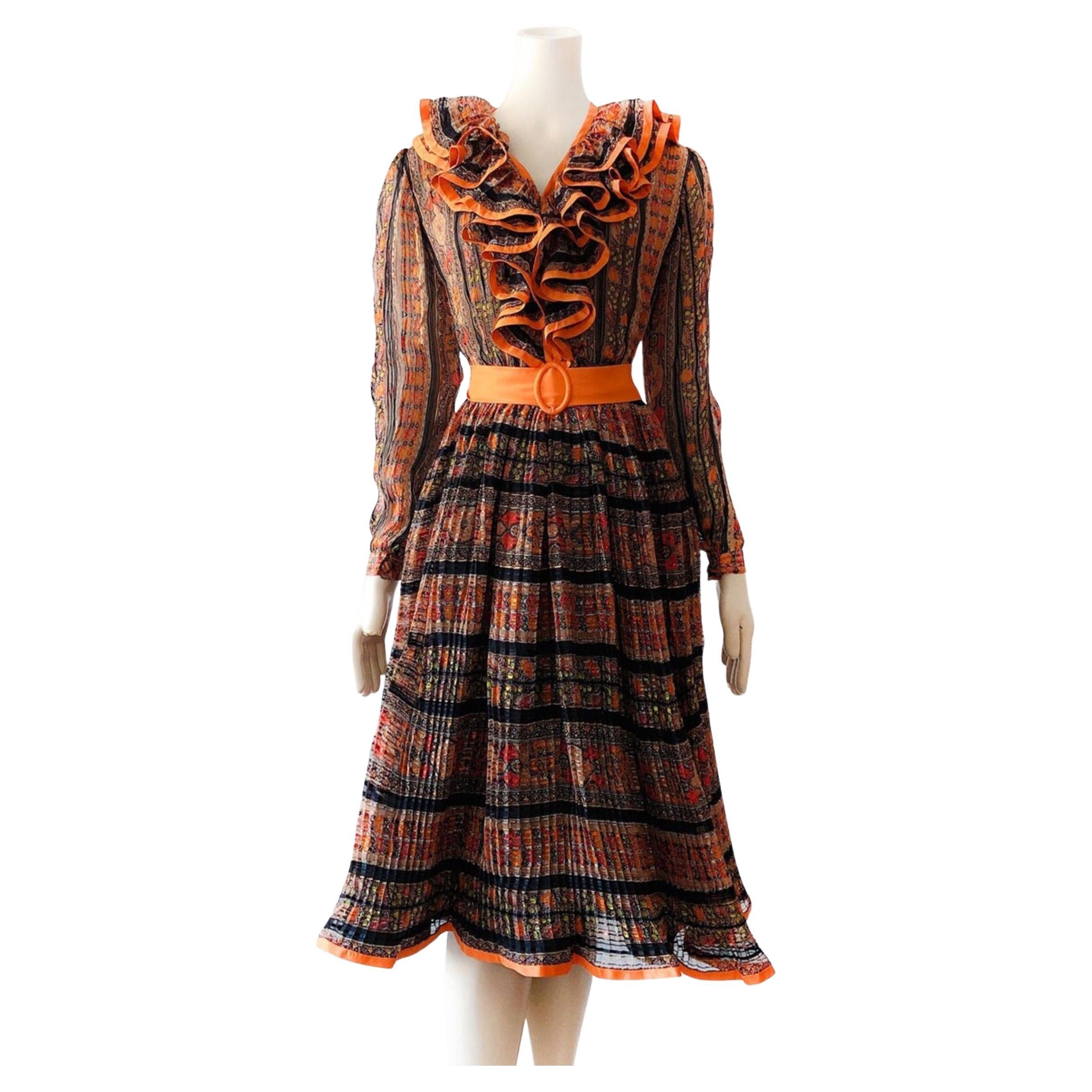 Original Paul-Louis Orrier Haute Couture Silk Dress 70s Ruffle Pleated  For Sale