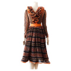Original Paul-Louis Orrier Haute Couture Silk Dress 70s Ruffle Pleated 