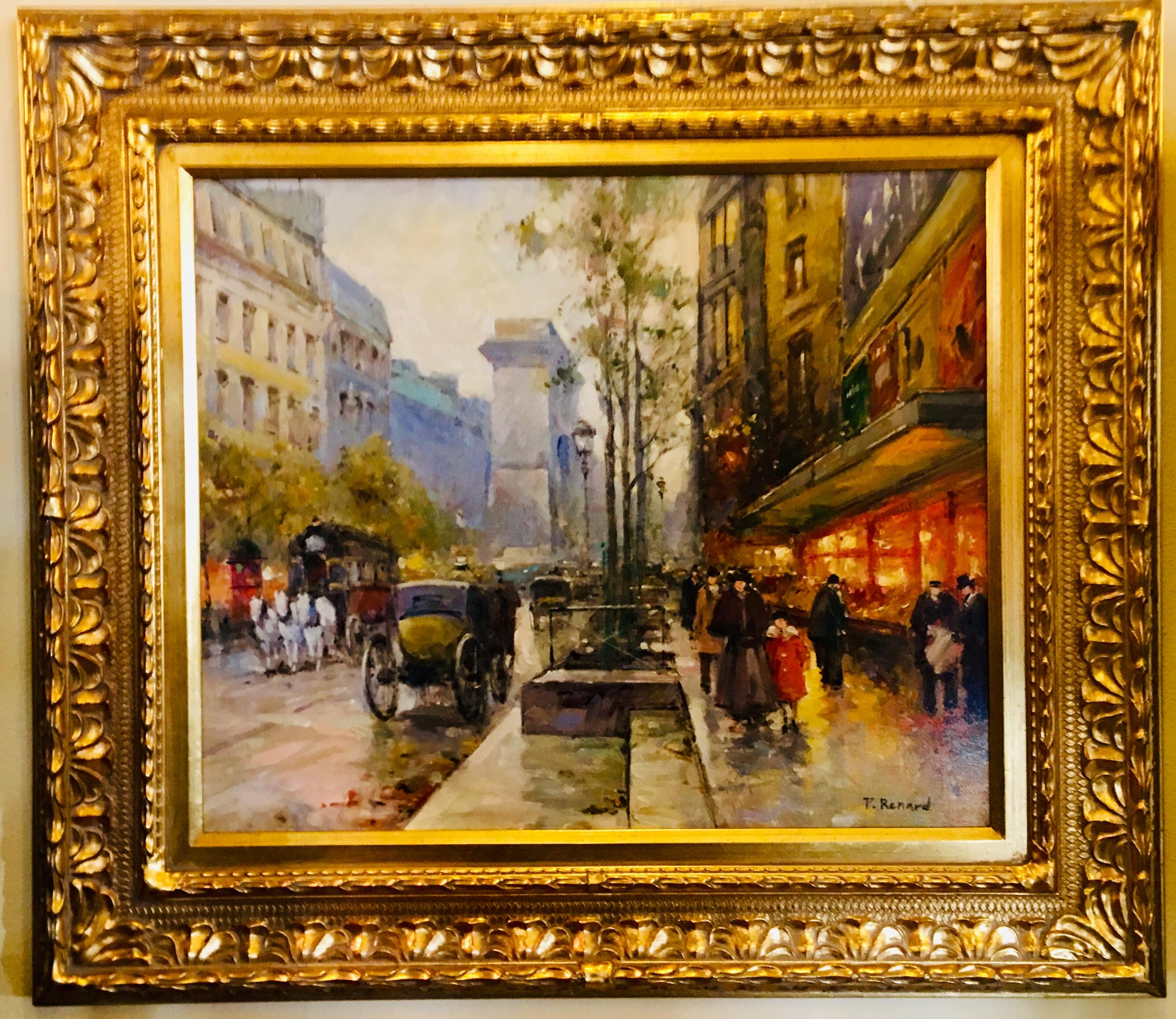 Vibrant, impressionistic, lively, original oil painting on canvas by listed, deceased French artist, Paul Renard (1941-1997), depicts a side view of the Arc de Triomphe, the hustle and bustle of a chilly Paris street filled with horses, carriages