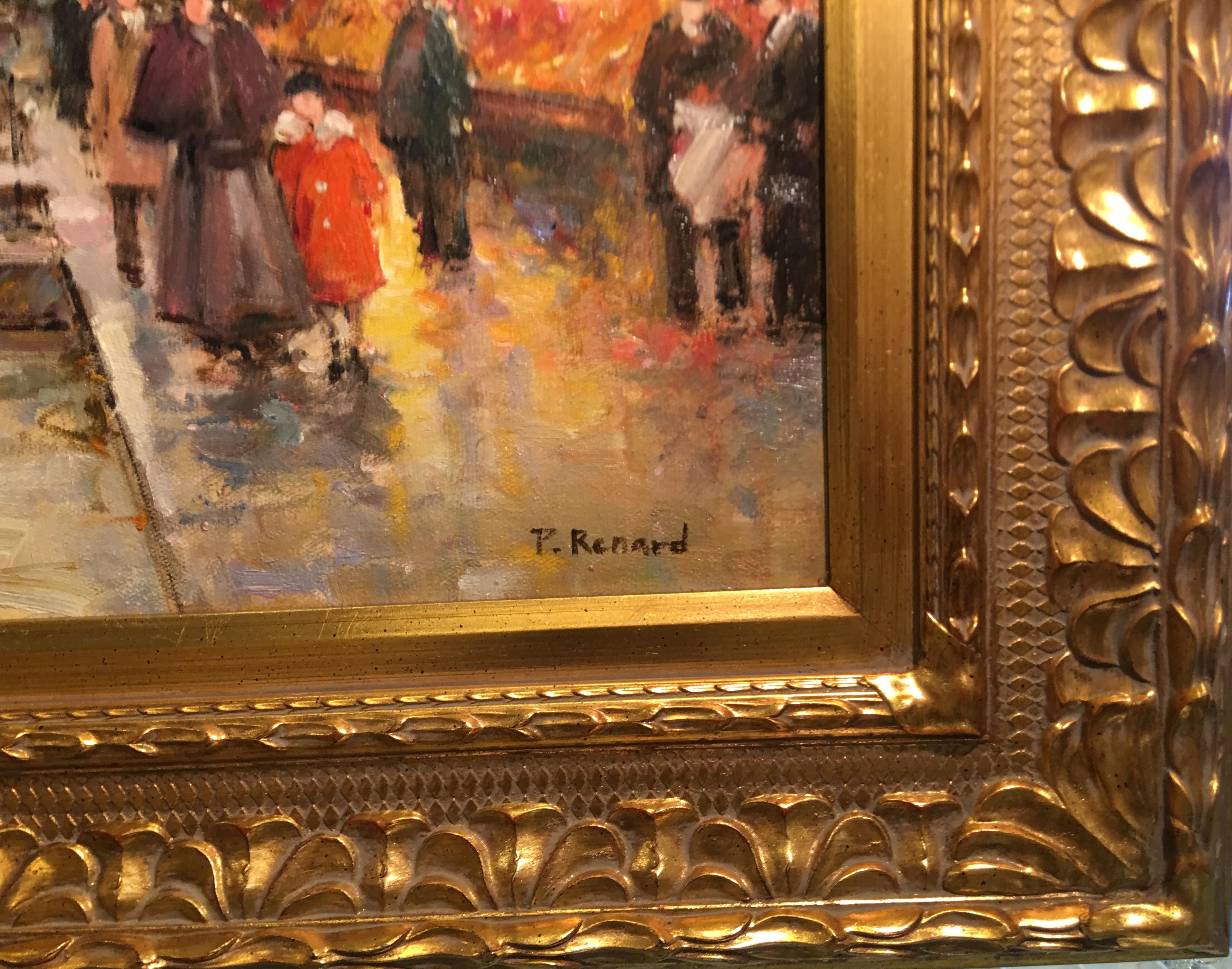 French Original Paul Renard Oil Painting of a Parisian Street Scene on Avenue Montaigne