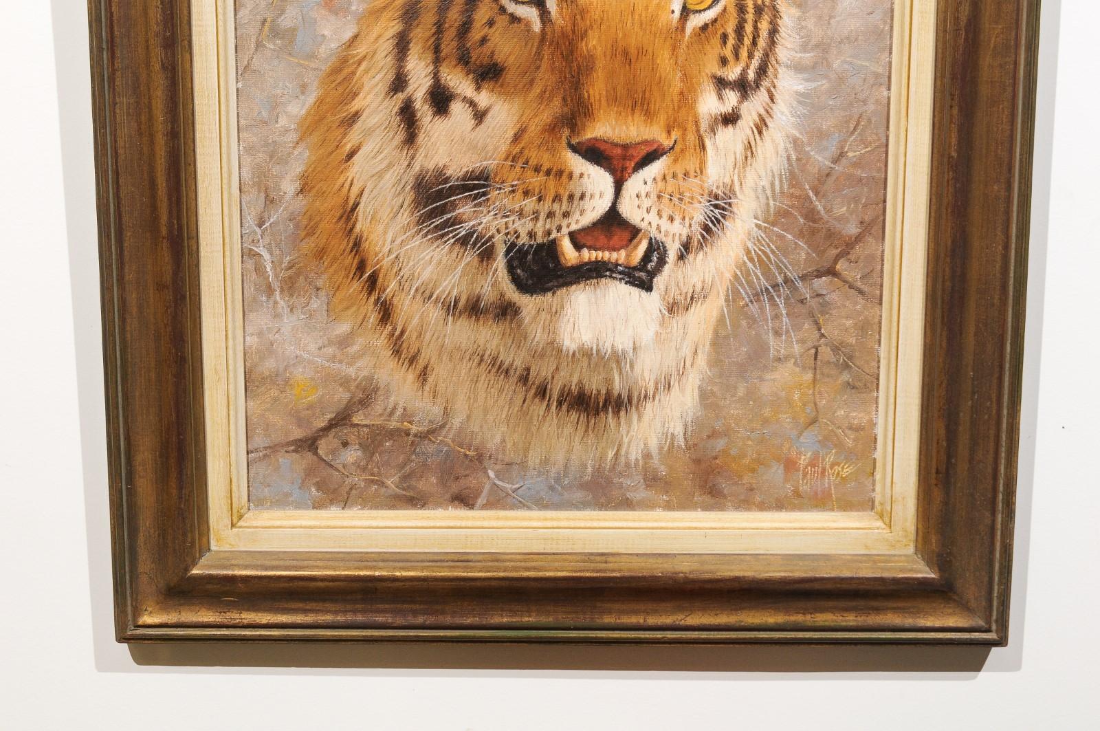 American Original Paul Rose Framed and Signed Wildlife Painting Depicting a Tiger Head