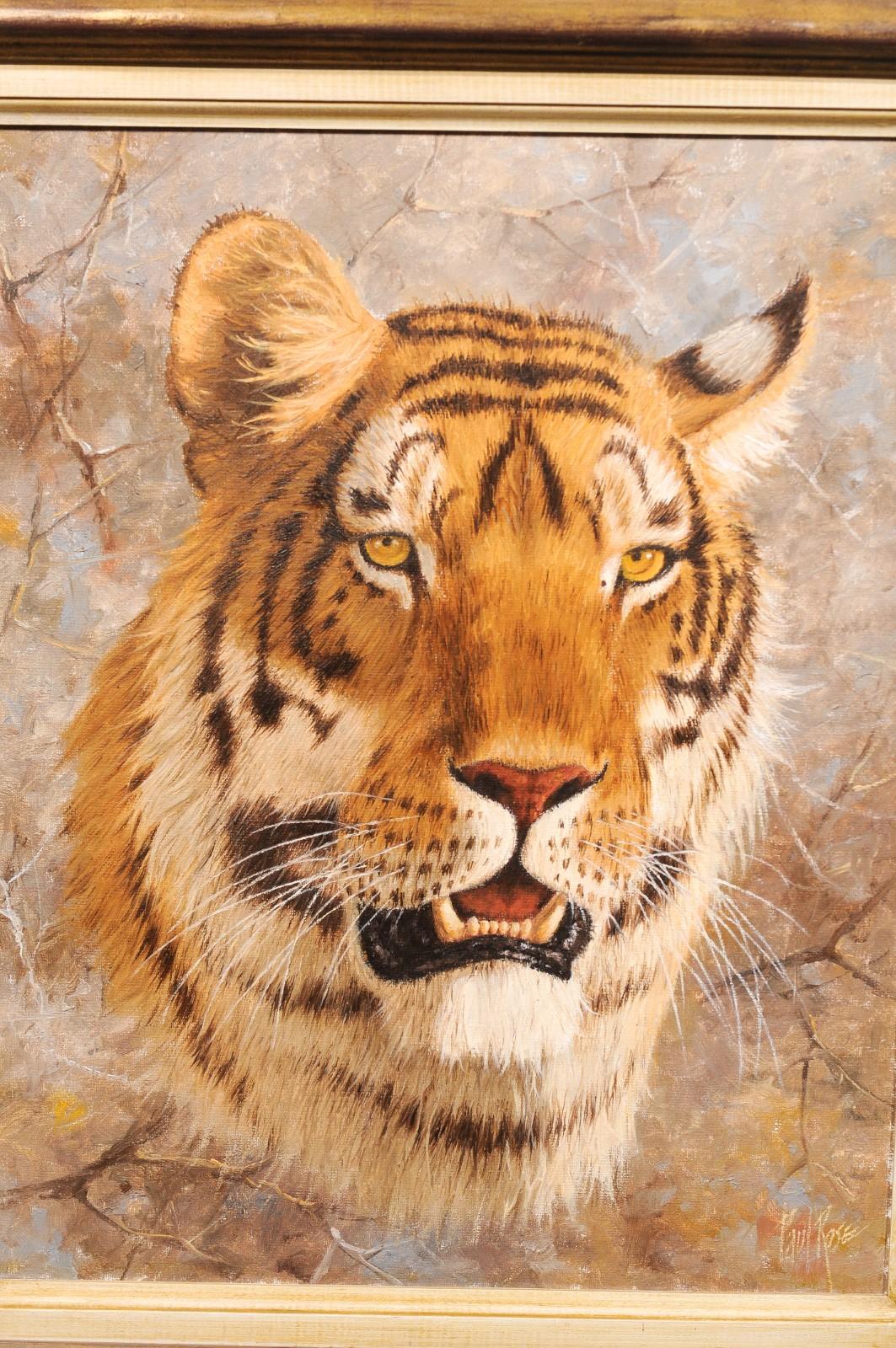 Original Paul Rose Framed and Signed Wildlife Painting Depicting a Tiger Head 1