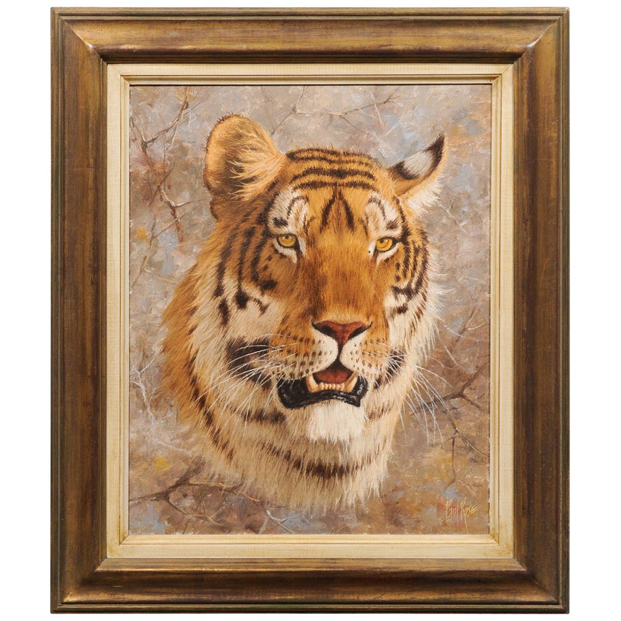 Original Paul Rose Framed and Signed Wildlife Painting Depicting a Tiger Head