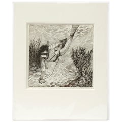 Used Original Pen Drawing, Snorkel Under the Sea, Mounted in Window Mat