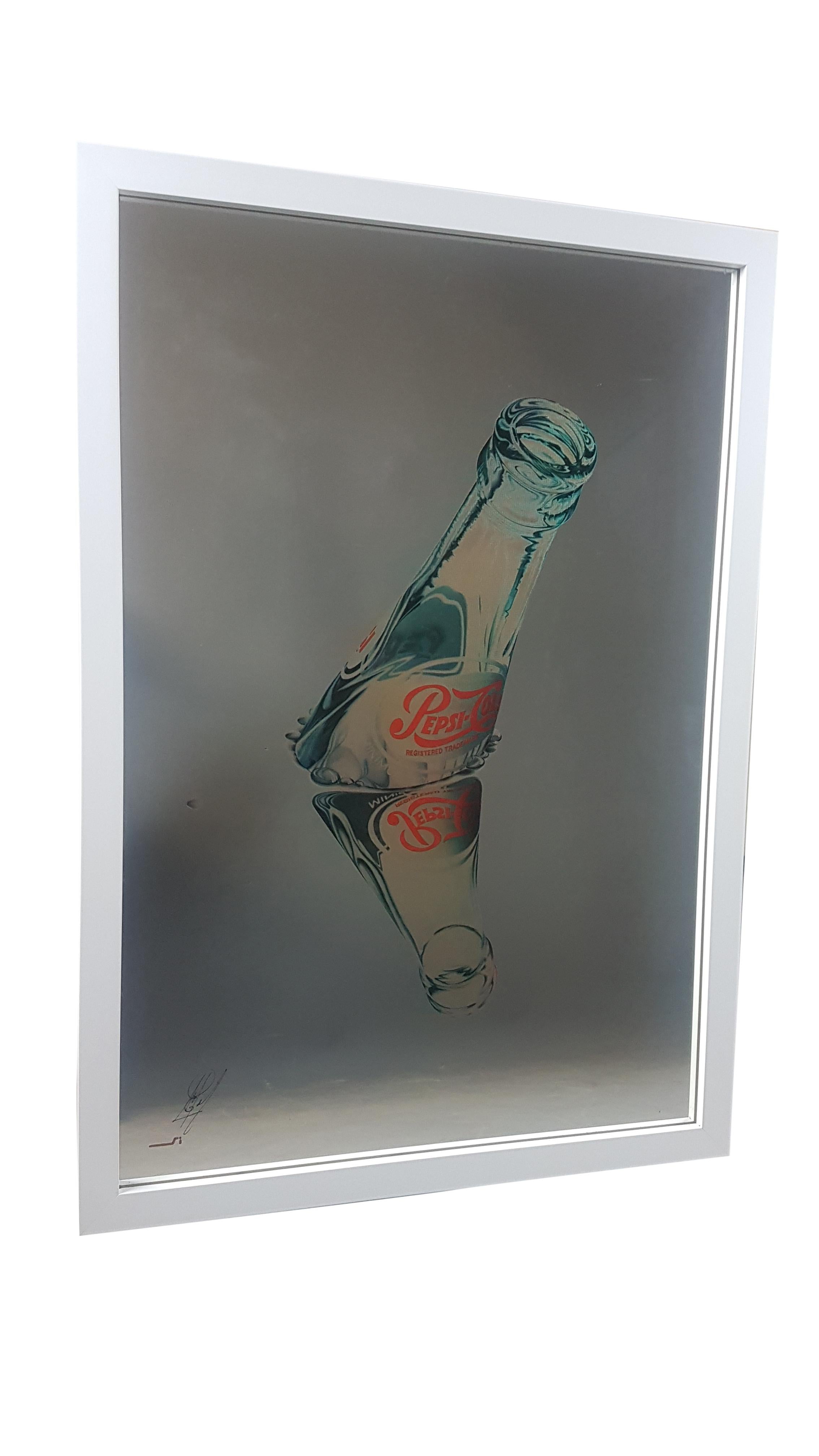 A very cool late 20th century advertising, this is a reverse printed on glass artwork and is signed in the bottom left of the mirror although I am unable to make out the signature. There are marks to the glass front and back as can be seen in the