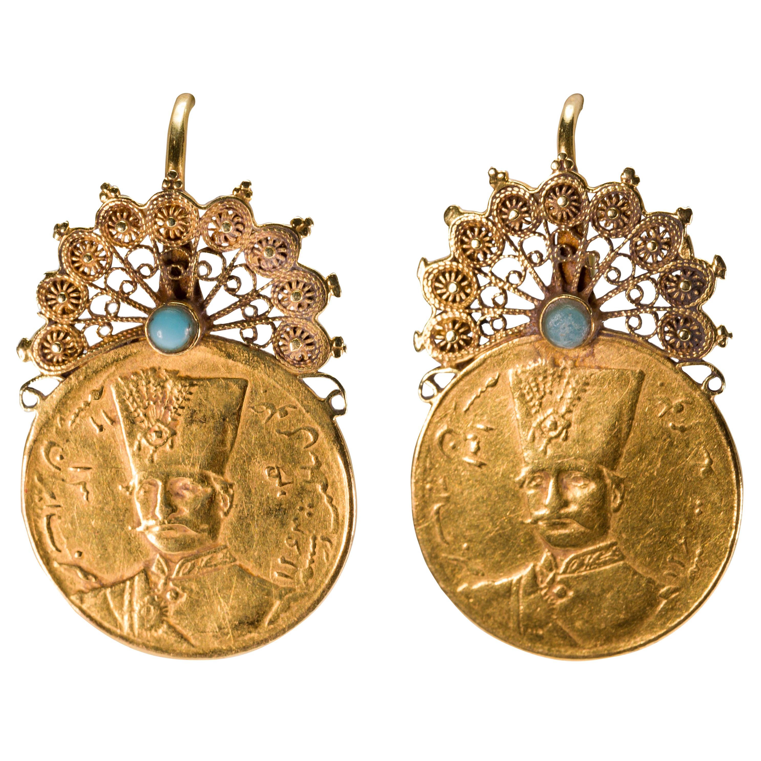 Original Persian Coin Drop Earrings with Handmade 22 Karat and 18K Gold Filigree