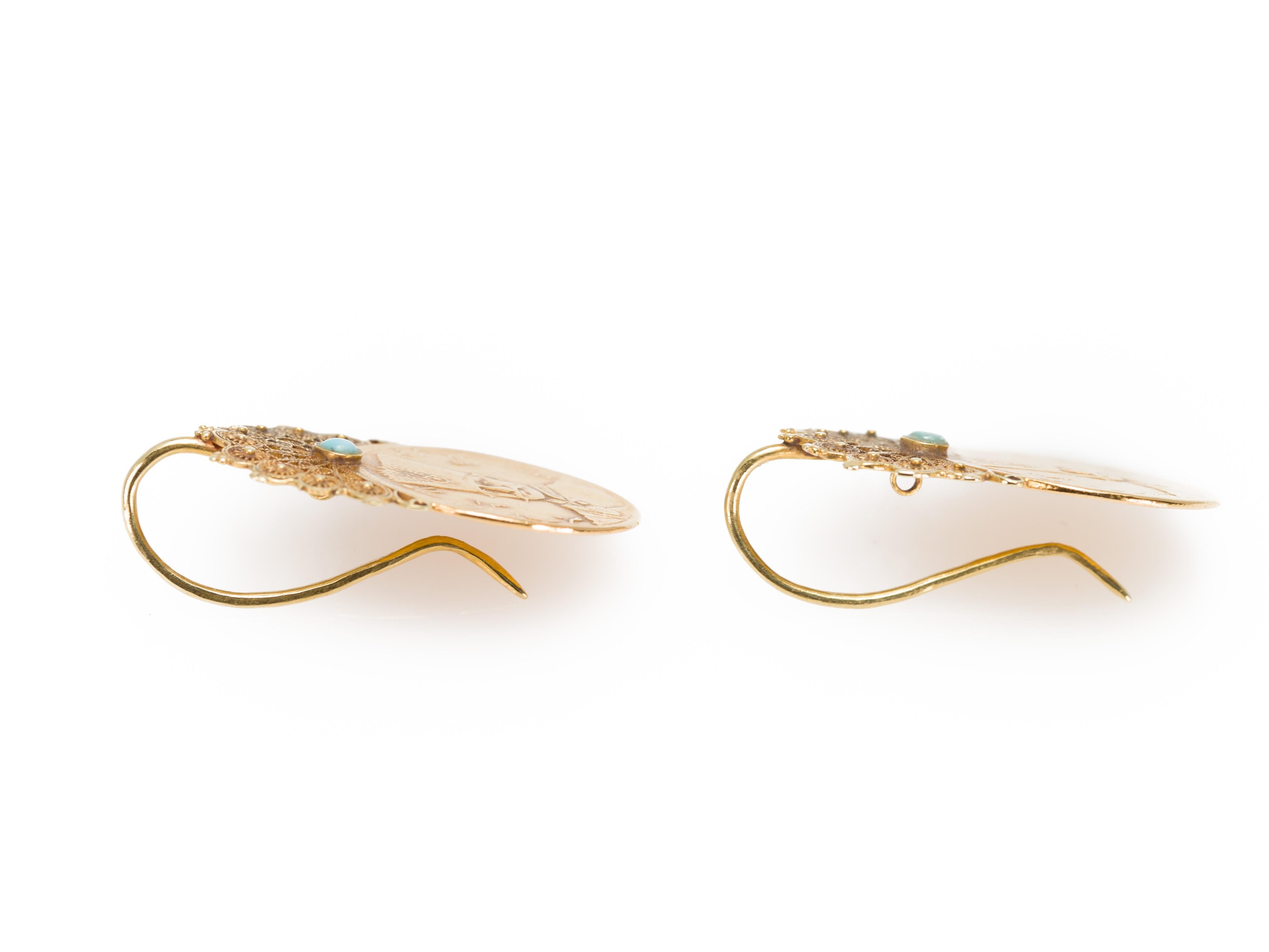 Women's Original Persian Coin Drop Earrings with Handmade 22 Karat and 18K Gold Filigree