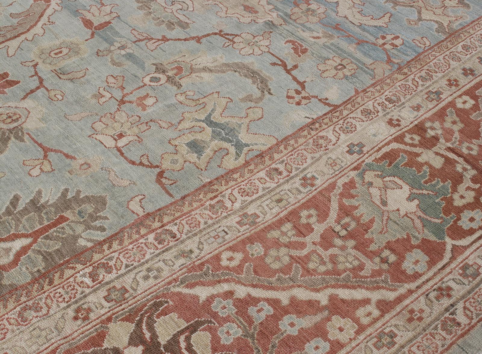 Made in Iran, this rug relates to the Zieglar Sultanabad Collection: In 1875 The Anglo-Swiss company, Zieglar and Co. produced carpets in the Western region of Persia. They married tradition with innovation by employing designers from New York and