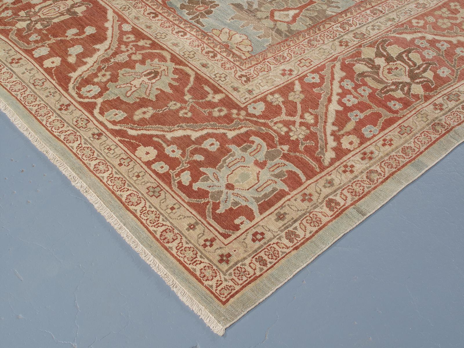 Hand-Knotted Original Persian Ziegler Sultanabad Hand Knotted Rug in Camel, Blue and Red For Sale