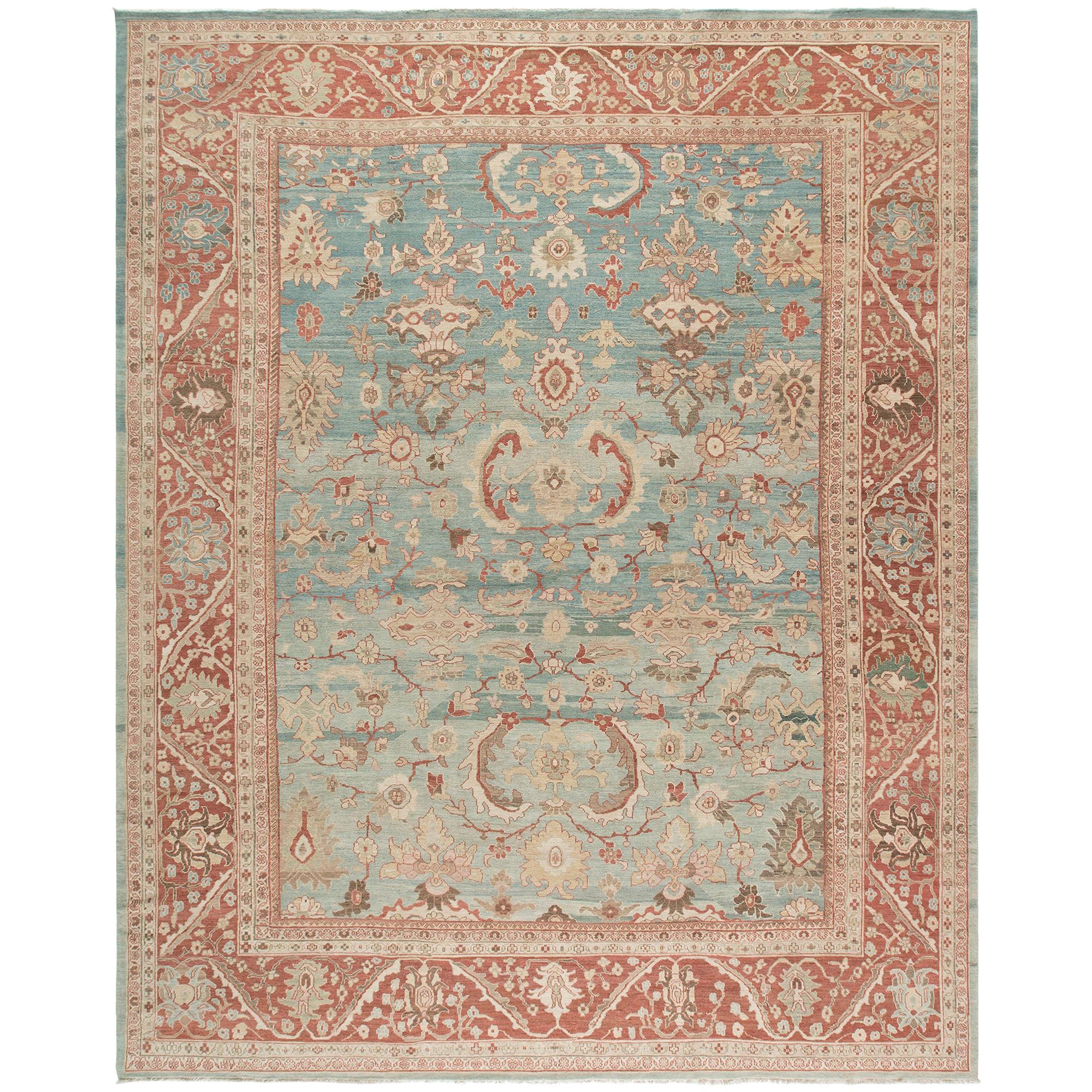 Original Persian Ziegler Sultanabad Hand Knotted Rug in Camel, Blue and Red